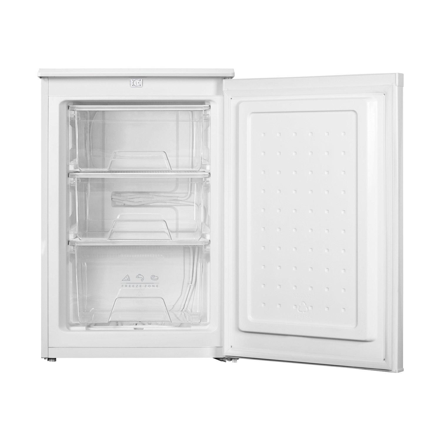 Un frigorifero bianco con la porta aperta, che rivela ripiani e cassetti. Tre cassetti trasparenti visibili.
