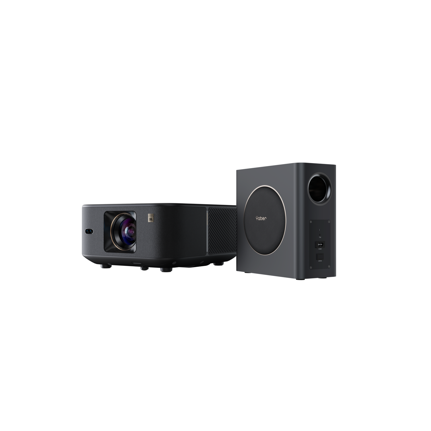 Een zwarte projector en een subwoofer op een zwarte achtergrond.