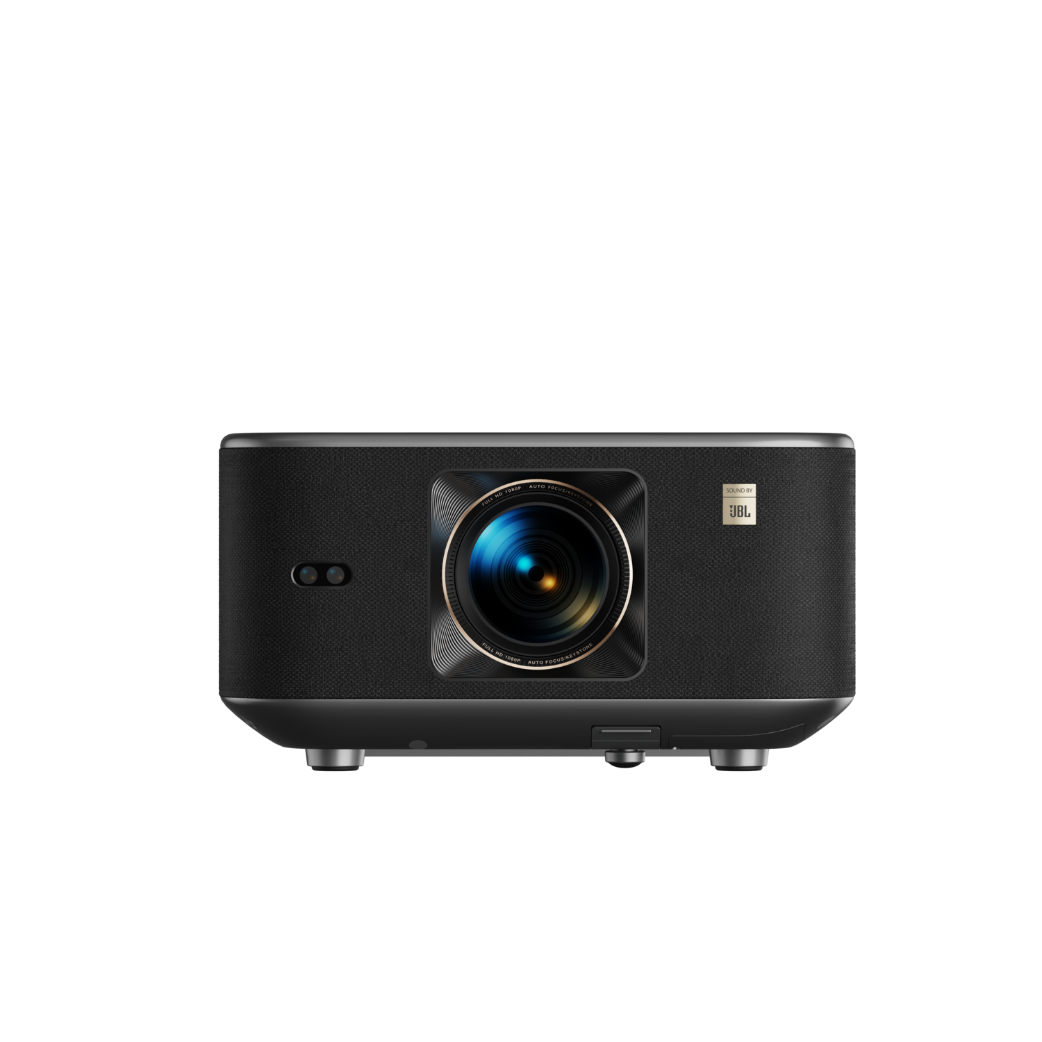 Zwarte projector met lens en JBL logo. Zwarte achtergrond.