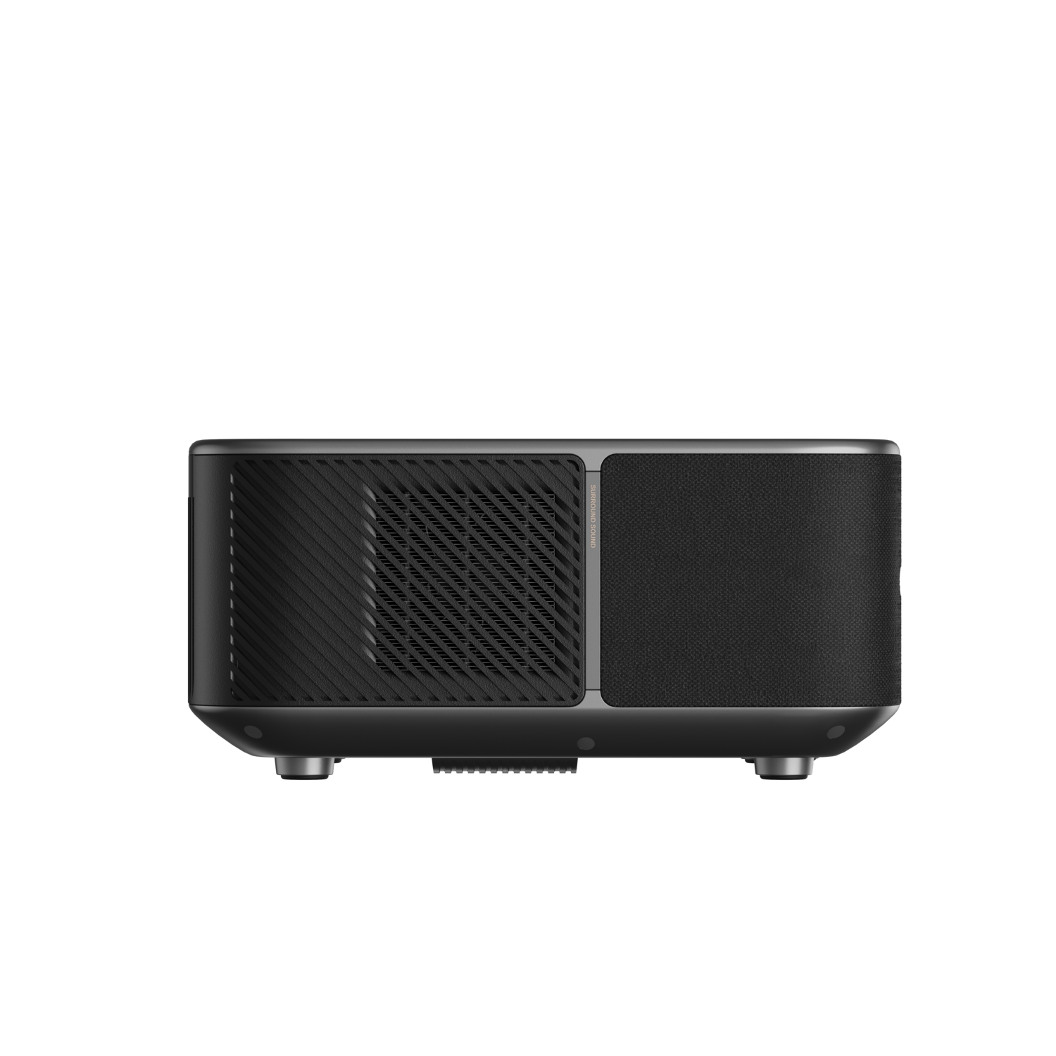 Zwarte projector met een mesh voorkant en zijkant, tegen een donkere achtergrond. De behuizing is rechthoekig.