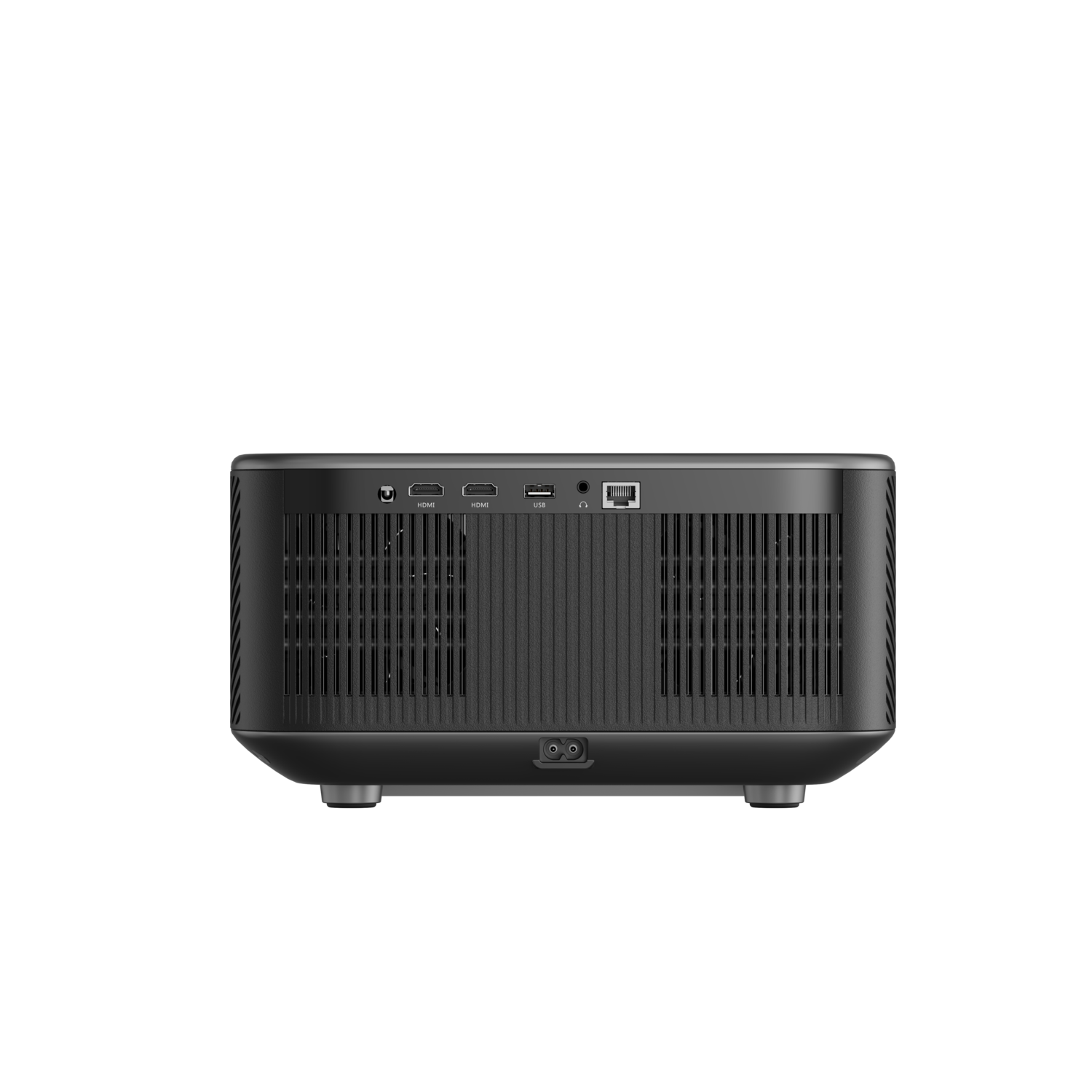 Zwarte projector, achteraanzicht, met poorten en ventilatieopeningen, zwarte achtergrond.