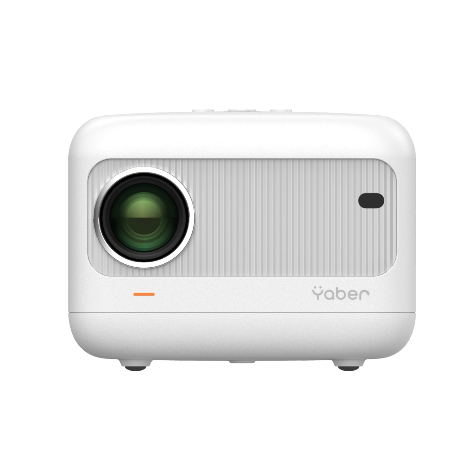 White Yaber projector with a lens. The background is black. It has a white body and a orange line.
