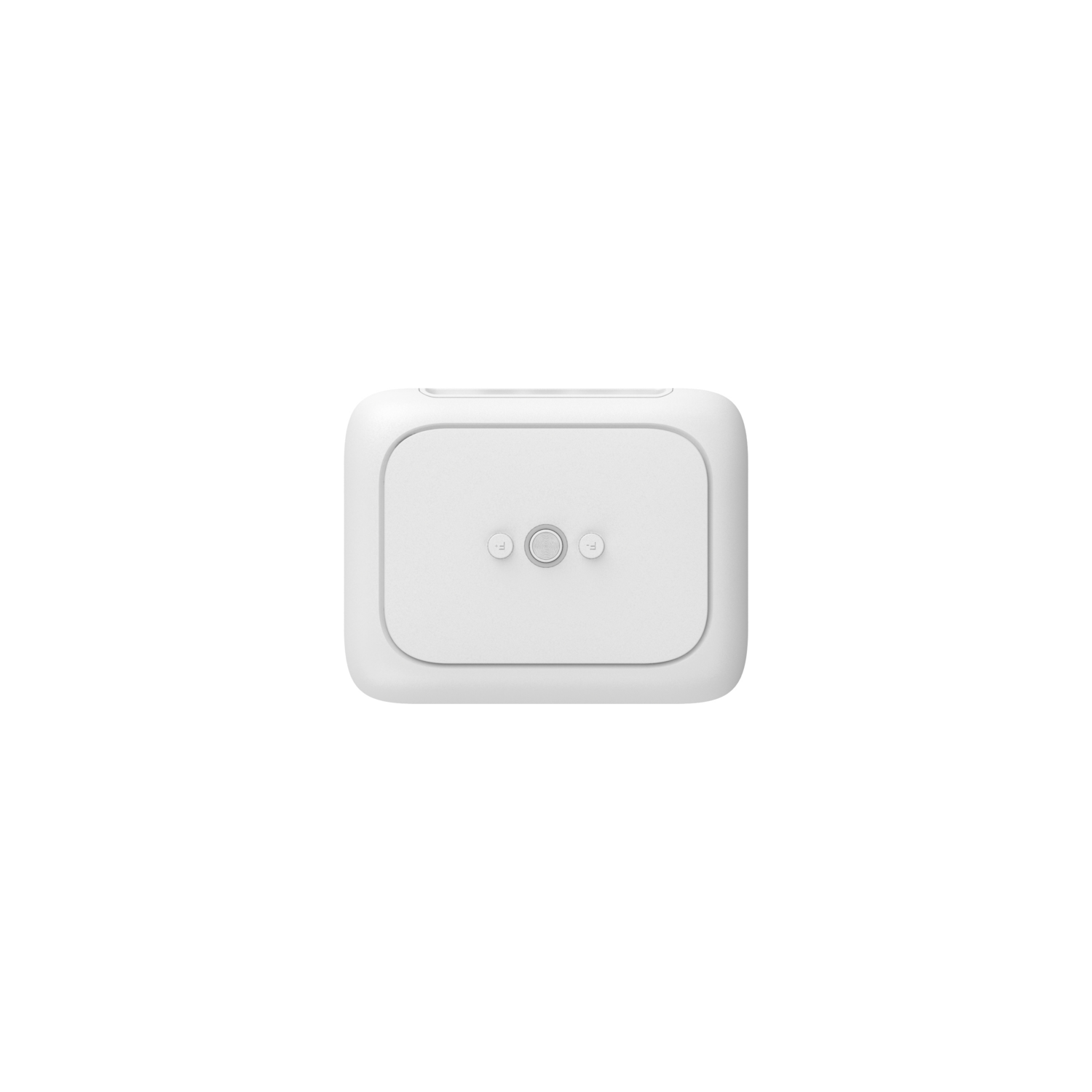 A white smart home device with three buttons on the front surface.