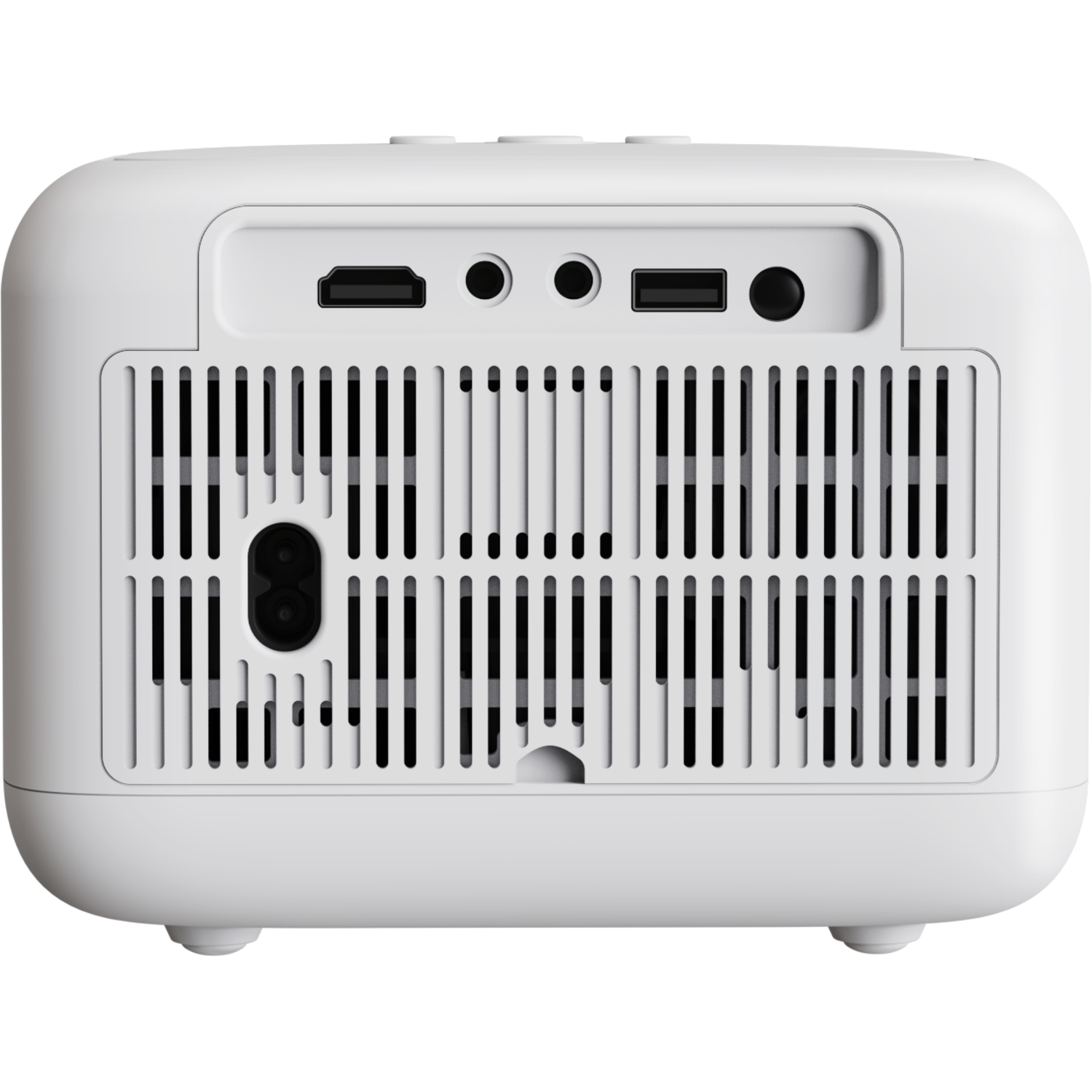 White projector back with ports and ventilation.