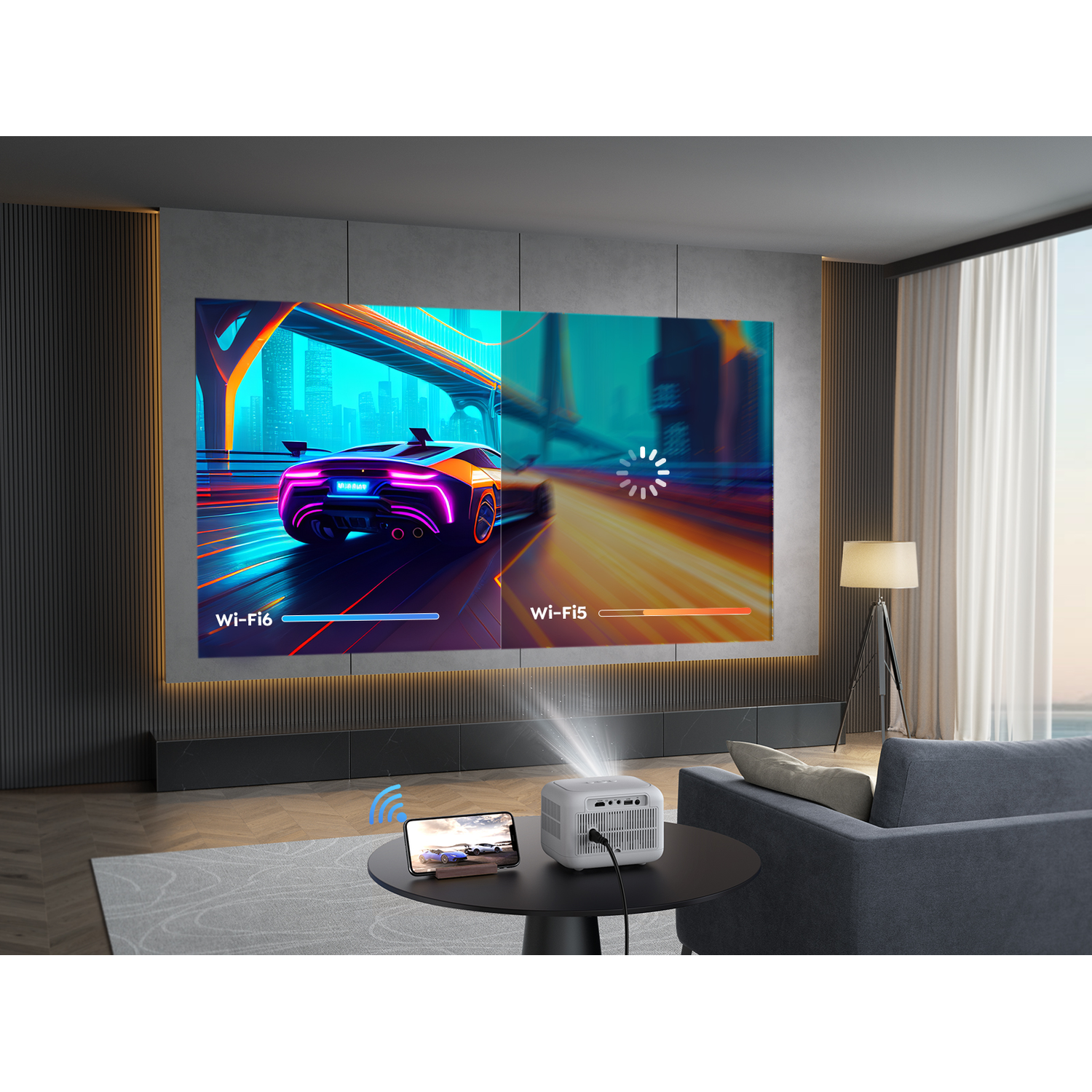Projector displaying a car race on a screen. Phone on table with Wi-Fi info.