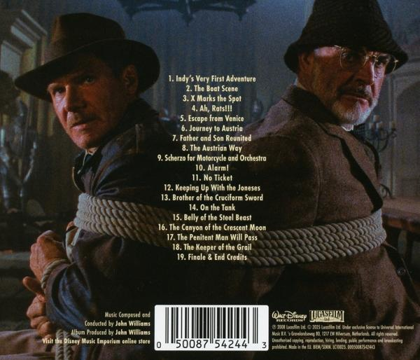 CD-Rückseite mit Harrison Ford und Sean Connery. Text auf Englisch, Titelliste des Films.