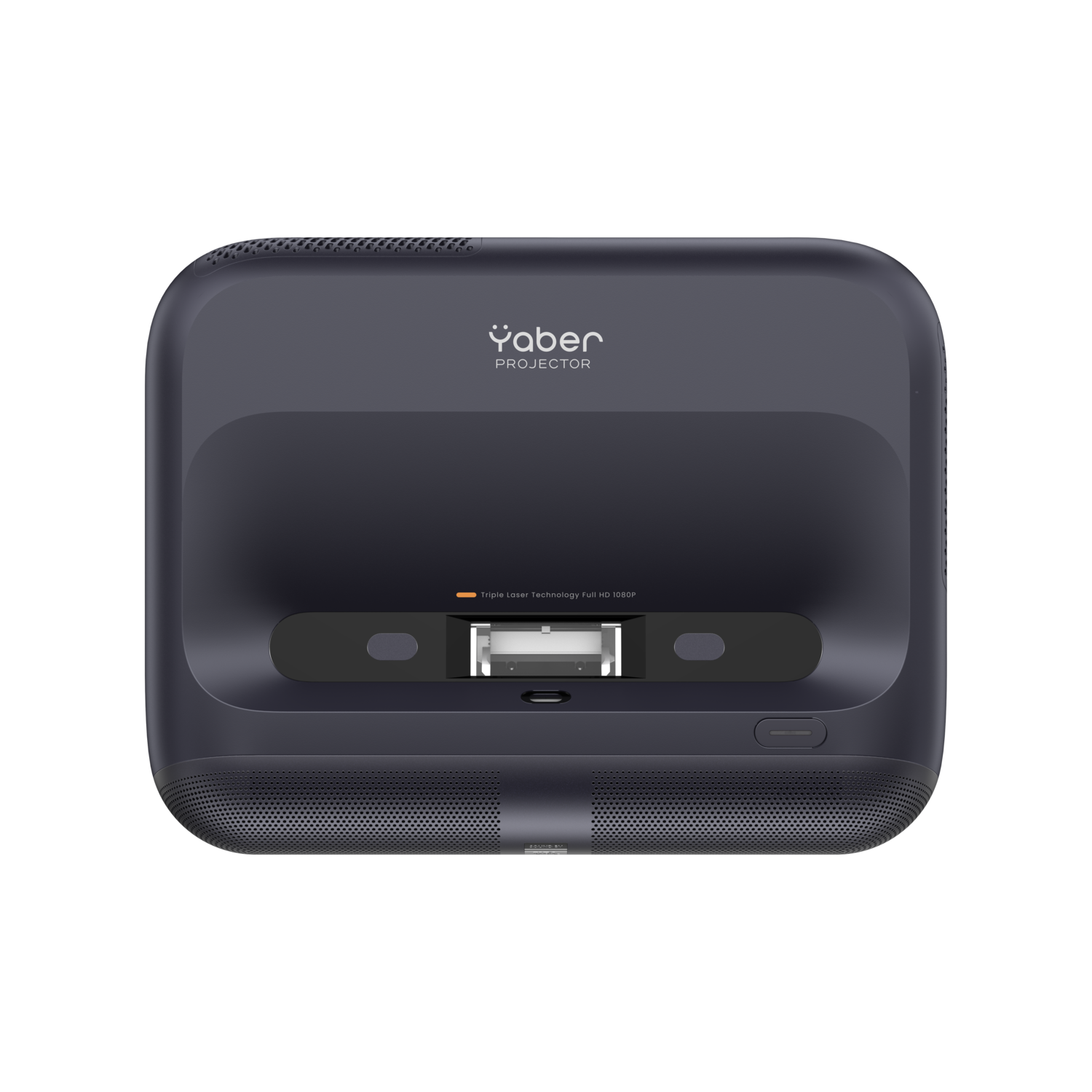 Donkergrijze Yaber-projector. Achteraanzicht. Knoppen en poorten. Zwarte achtergrond.