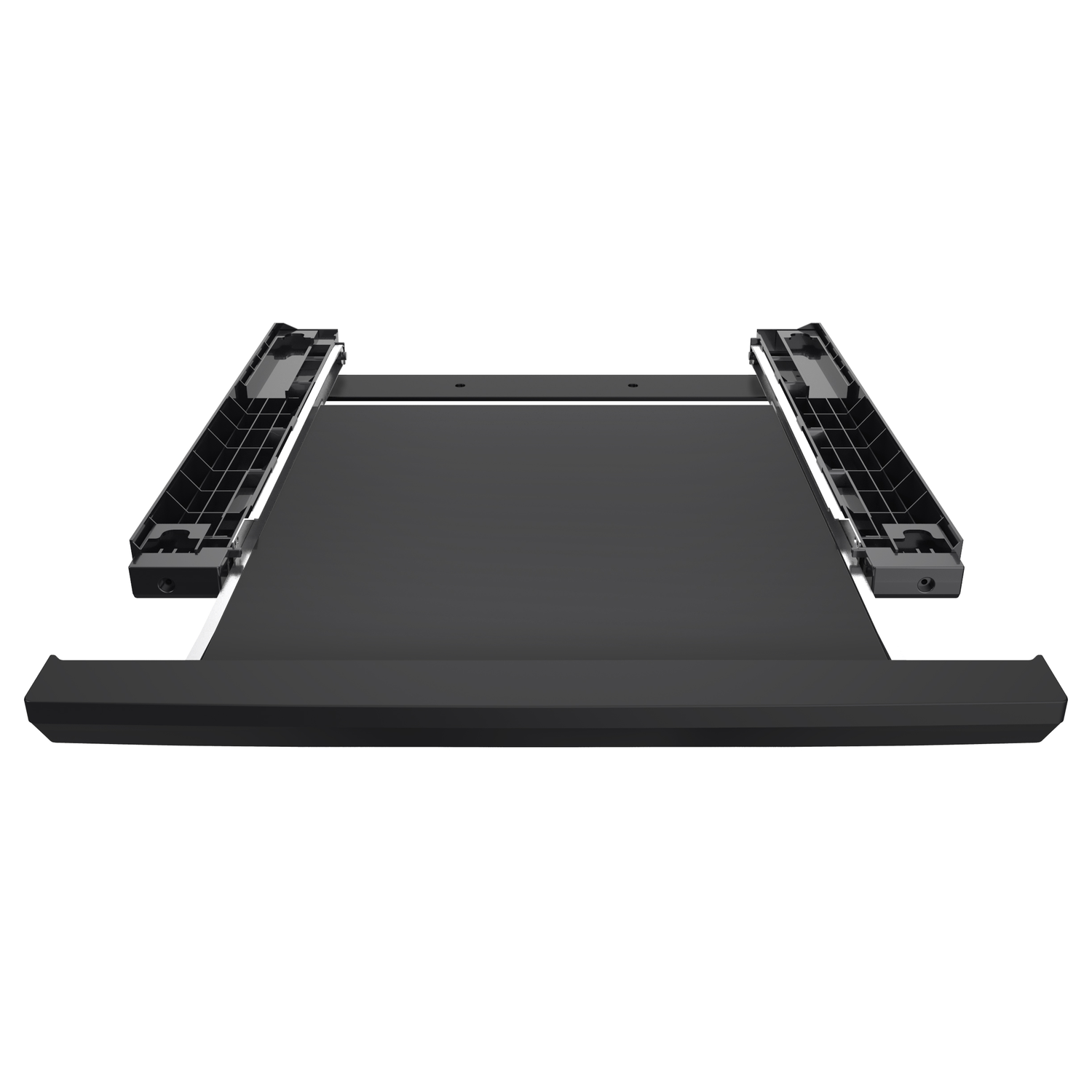 Black, rectangular tray with side rails, on a white background. The tray is tilted slightly.