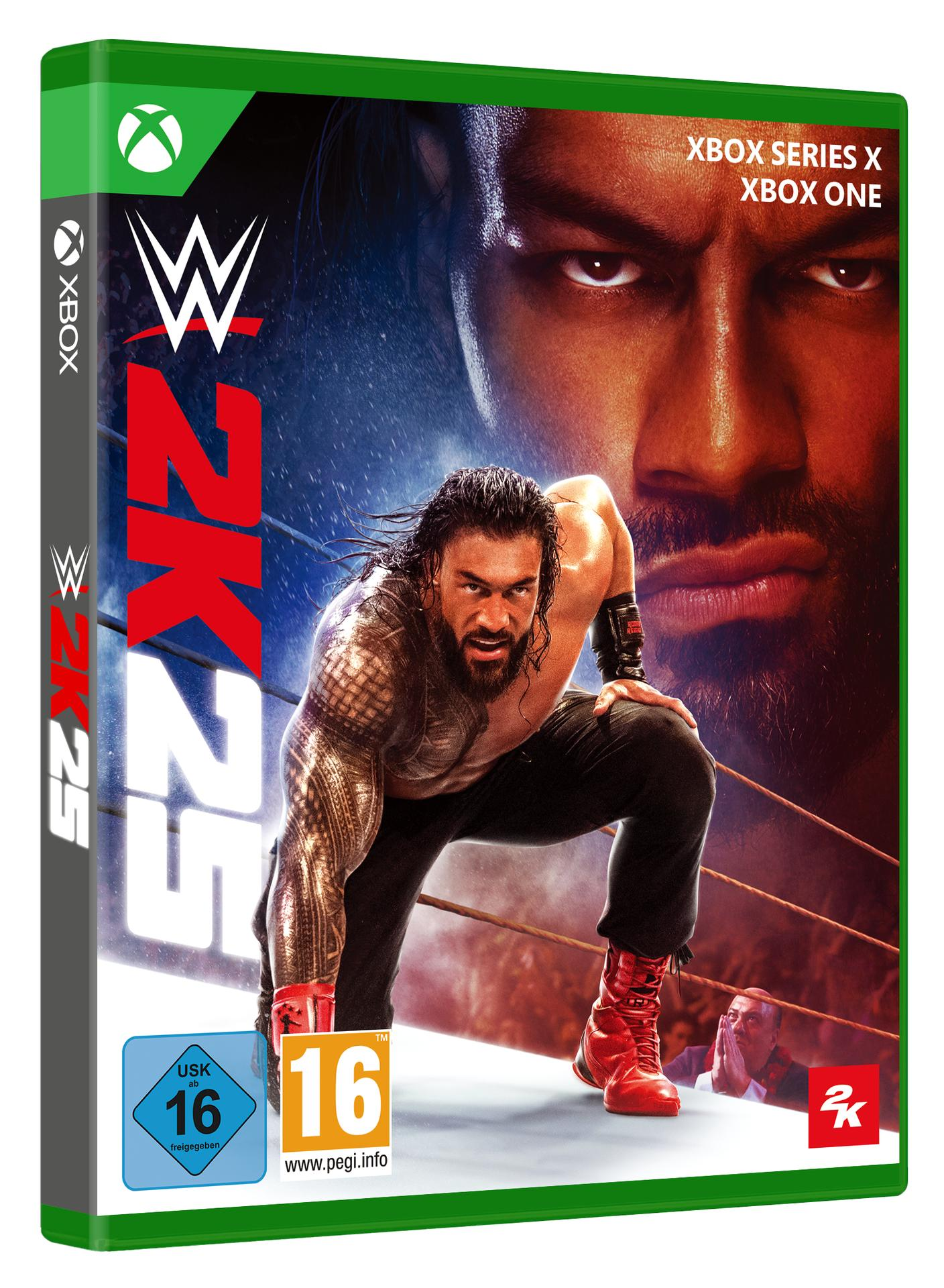 WWE 2K25 Spielhülle mit Wrestling-Figuren. Das Cover zeigt zwei Wrestler. Xbox Series X- und Xbox One-Logos.