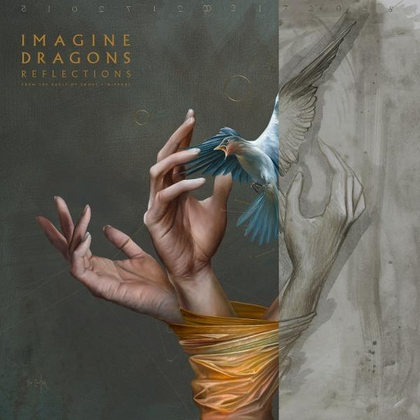Albumcover. Hände halten einen Vogel, eine halb skizzierte Hand. Imagine Dragons Reflections Titel. Grauer Hintergrund.
