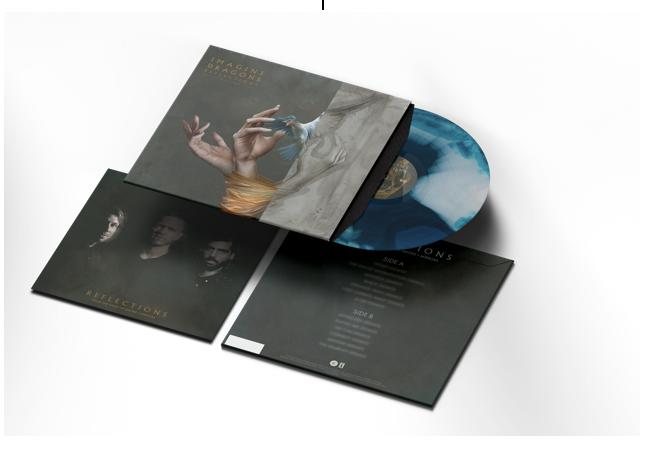Schallplatte und Albumcover mit handgezeichnetem Bild und Text auf weißem Untergrund.