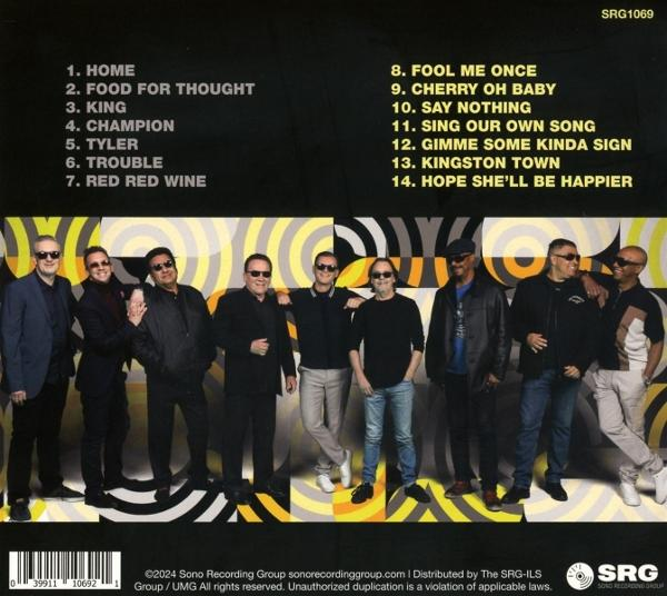 Rückseite eines Albums mit Songtiteln und Bandmitgliedern, farbenfroher Hintergrund.