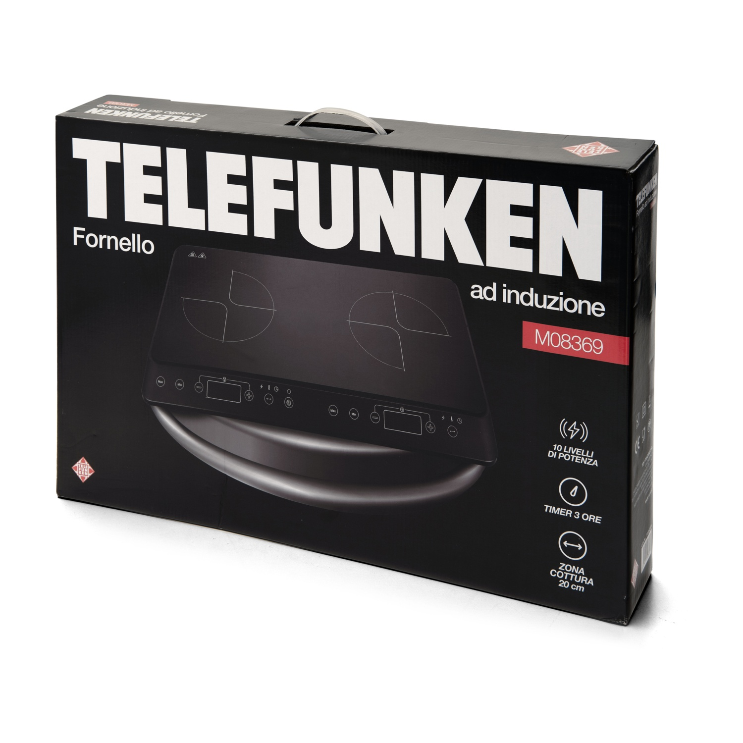 Una scatola di piano cottura a induzione Telefunken con immagine del piano nero.