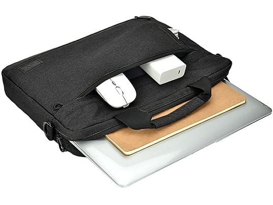 Czarna torba na laptopa, otwarta, aby pokazać laptopa, mysz i ładowarkę.