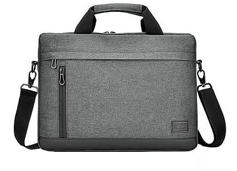 Szara torba na laptopa z uchwytem, paskiem i zamkiem błyskawicznym.
