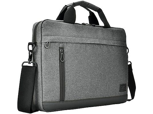 Szara teczka z uchwytem i paskiem na ramię na białym tle.