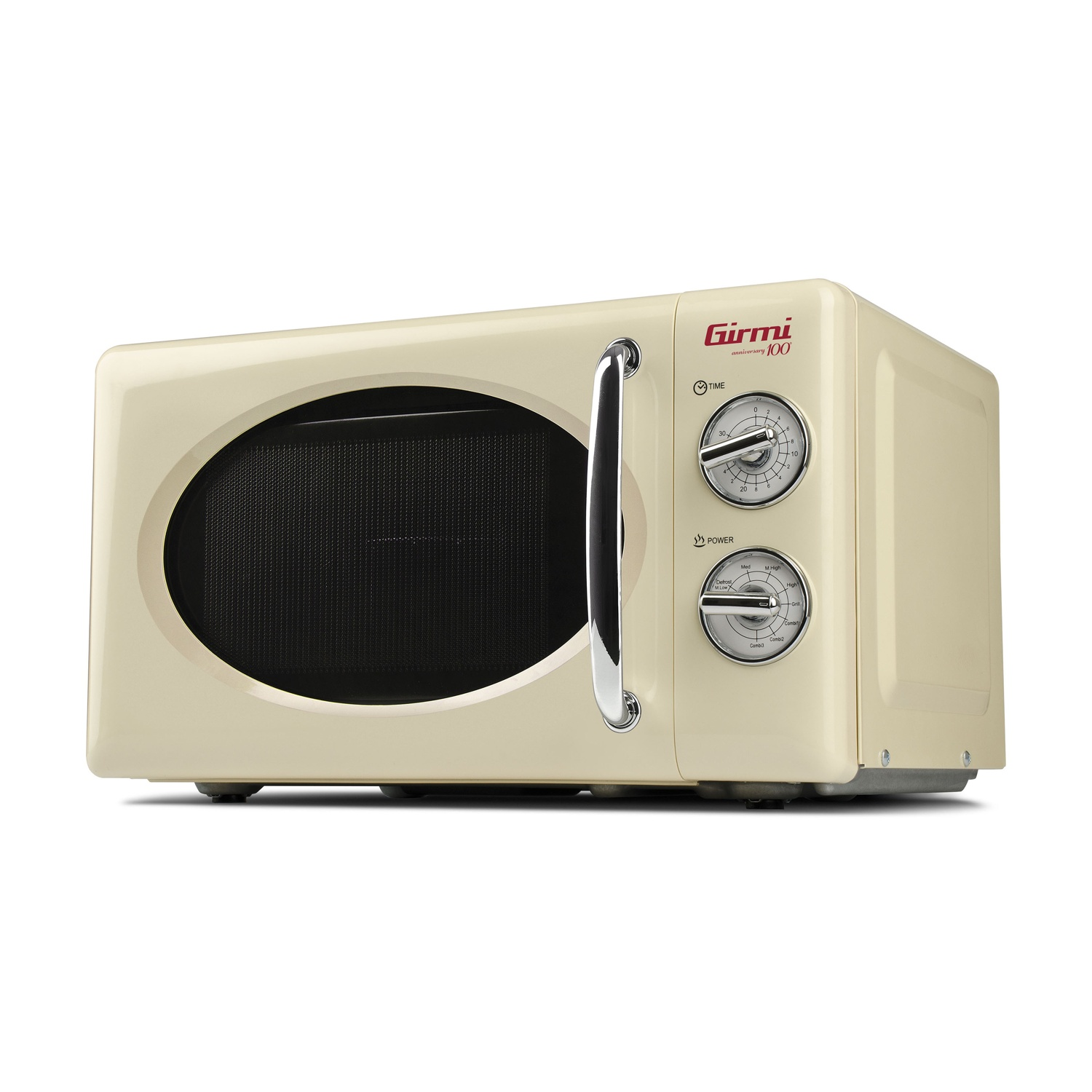 Forno a microonde color crema con porta nera e maniglia argentata.