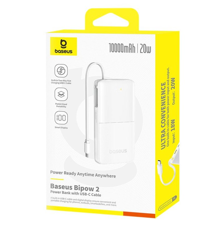 USB-C kablolu beyaz ve sarı bir Baseus powerbank, özelliklerini gösteriyor.