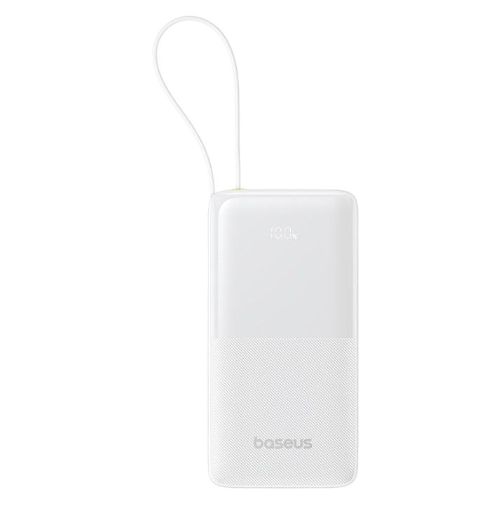 Beyaz kayışlı beyaz Baseus powerbank. Ekranda %100 pil gösteriyor.