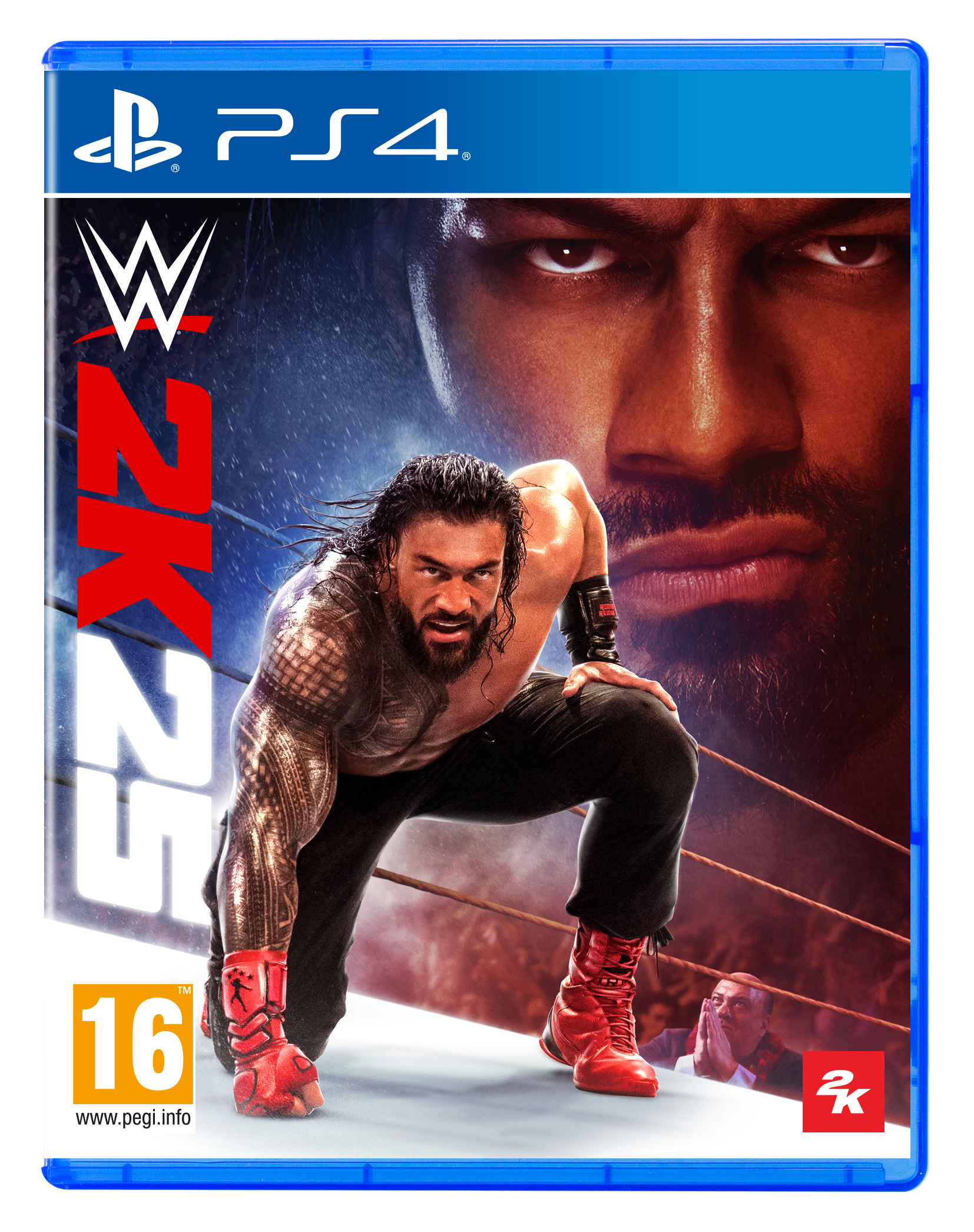 PlayStation 4 Spielcover. Wrestler im Vordergrund, intensiver Blick, rote Handschuhe und ein großes Gesicht.