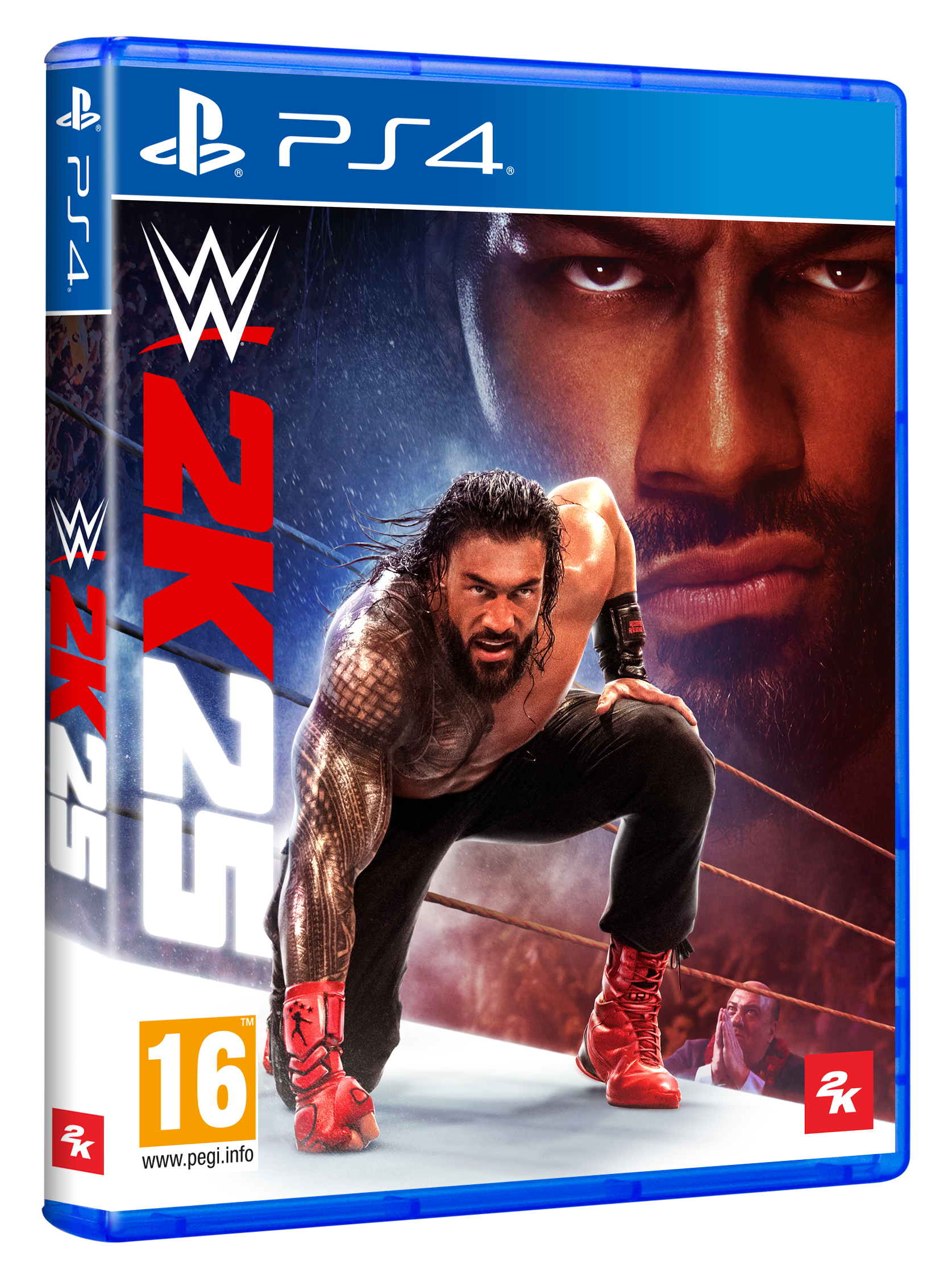 PS4-Spielhülle für WWE 2K23 mit einem Wrestler in roten Stiefeln und Roman Reigns im Hintergrund.