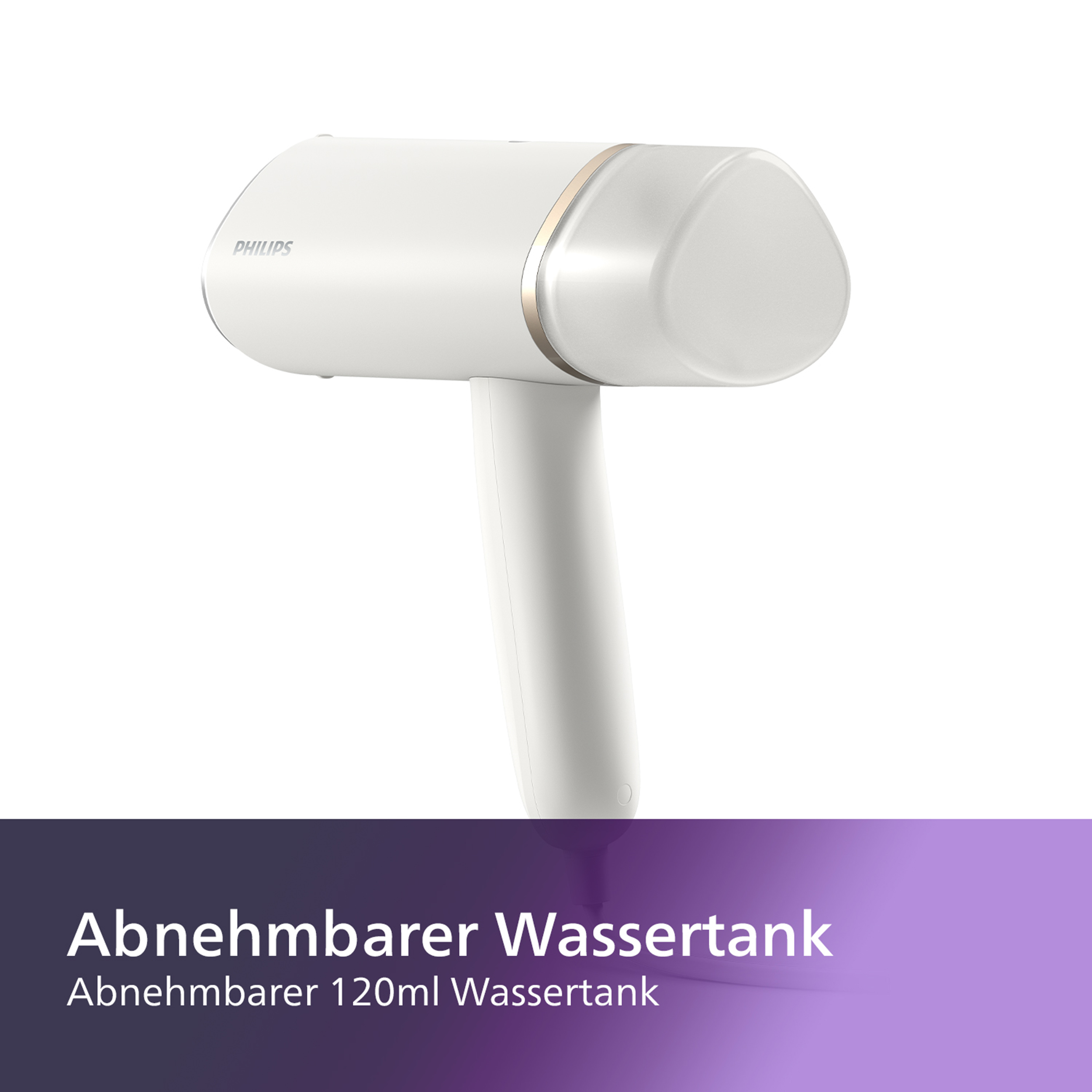 Ein weißer Philips Dampfgarer mit goldenem Akzent. Der Text lautet „Abnehmbarer Wassertank“.