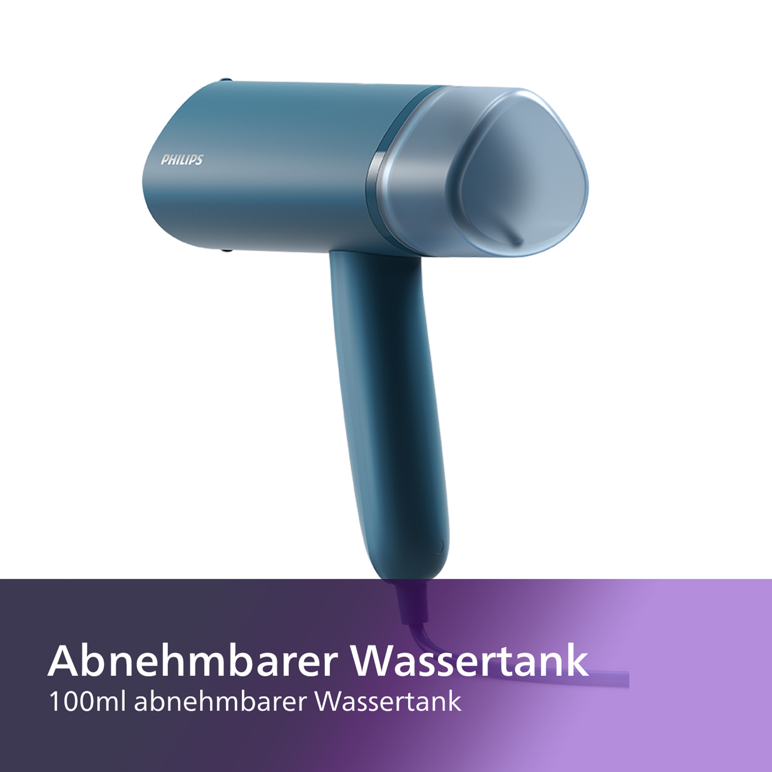 Ein blauer Philips Dampfgarer mit weißem Hintergrund. Text darunter beschreibt den abnehmbaren Wassertank.