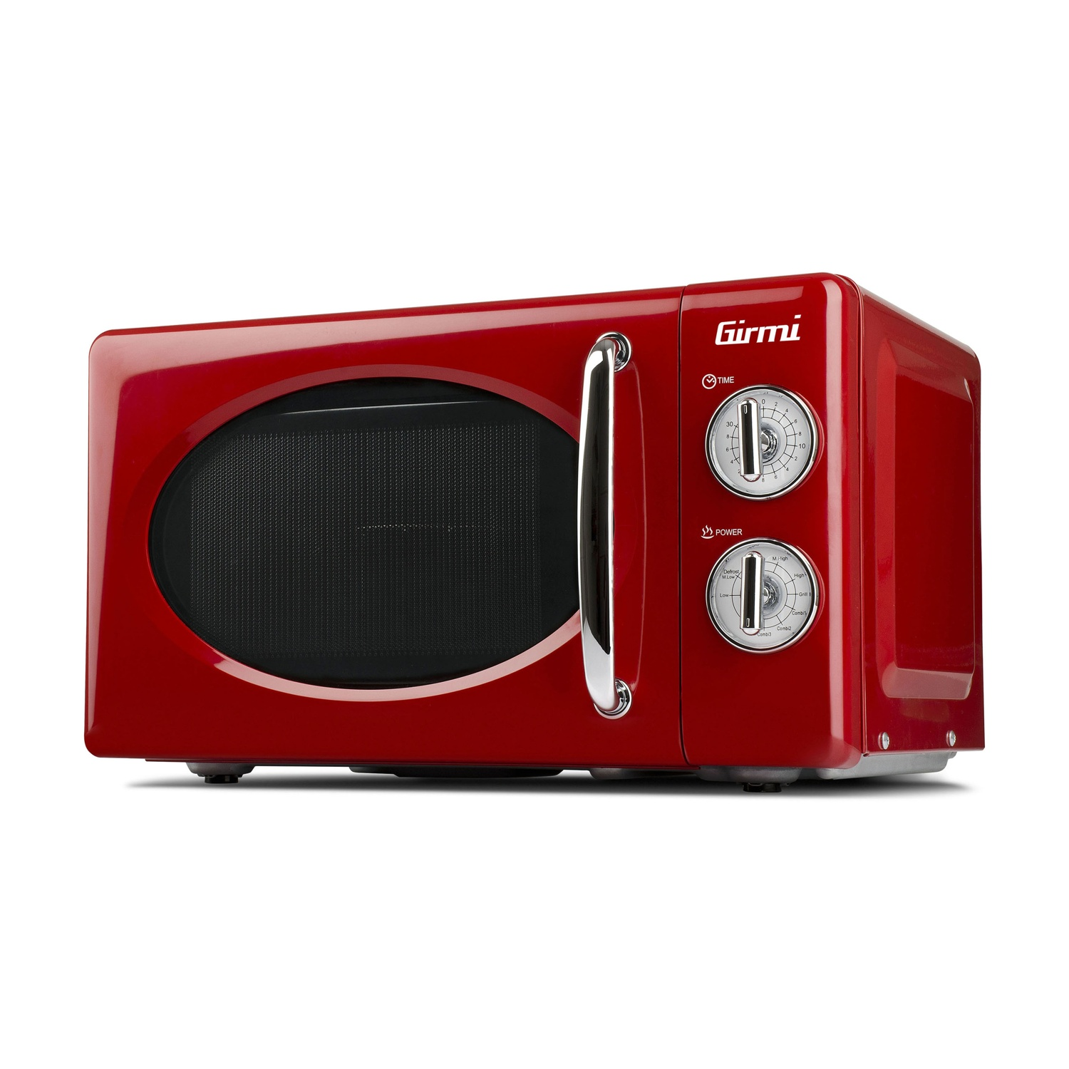 Un forno a microonde retrò rosso con maniglia e quadranti di controllo. Il microonde è su una superficie bianca.