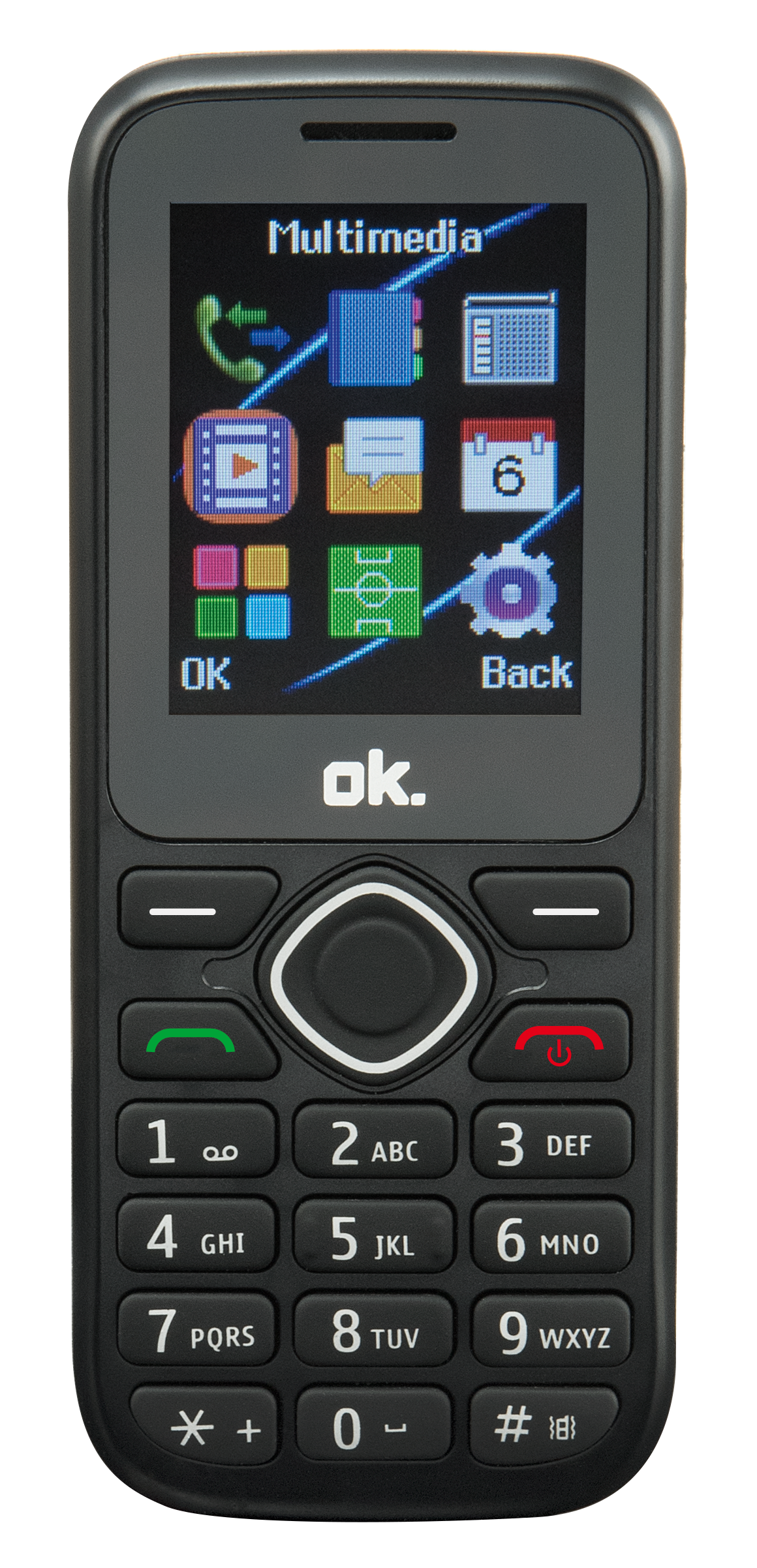 Schwarzes Mobiltelefon mit einem Bildschirm, der eine Multimedia-Oberfläche zeigt. Nummerntasten darunter.