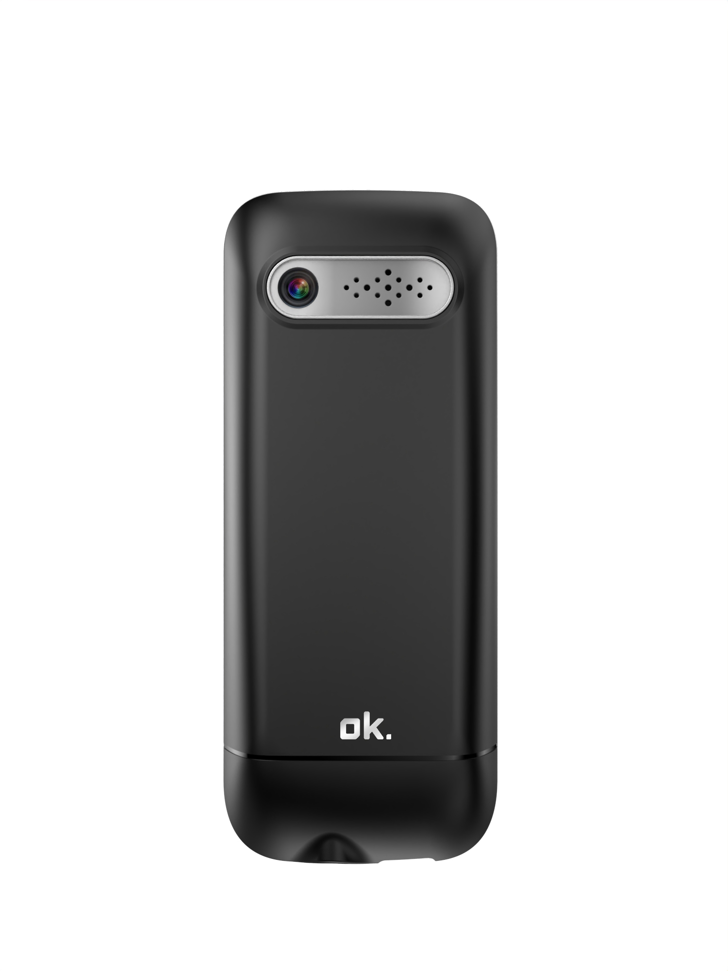 Schwarzes Mobiltelefon, Draufsicht. Es hat eine Kamera und einen Lautsprecher oben, und das Logo ok. unten.