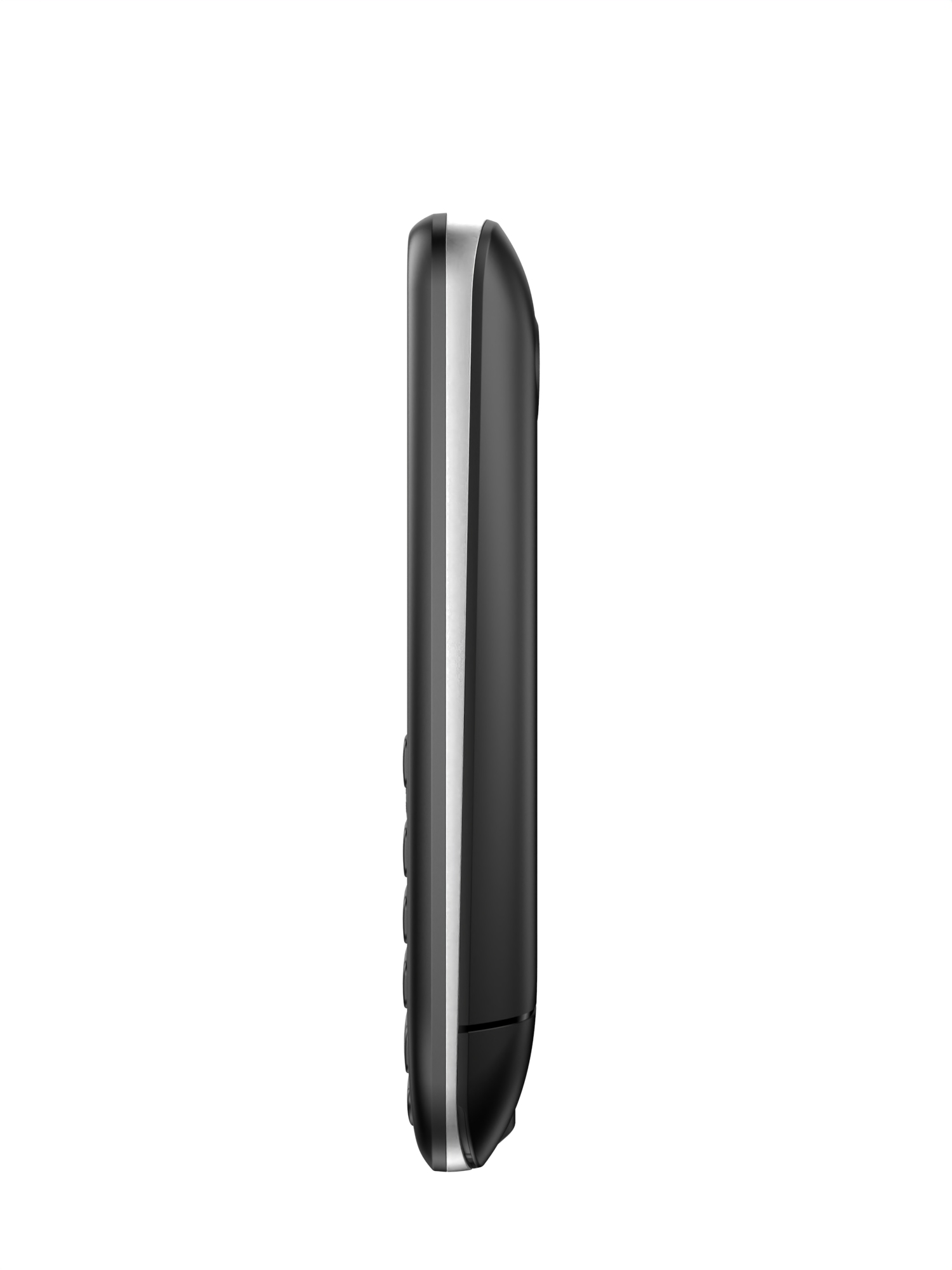 Schwarzes Telefon mit Tastatur, geneigt. Hintergrund: Weiß.
