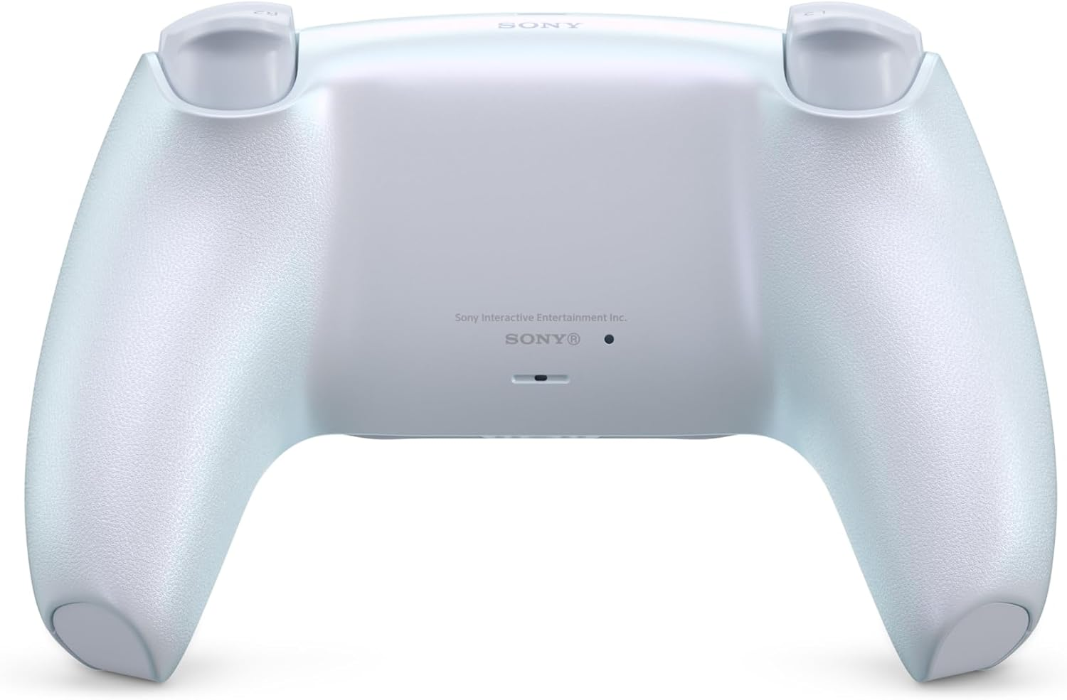 Parte trasera de un mando PS5 blanco con texto.