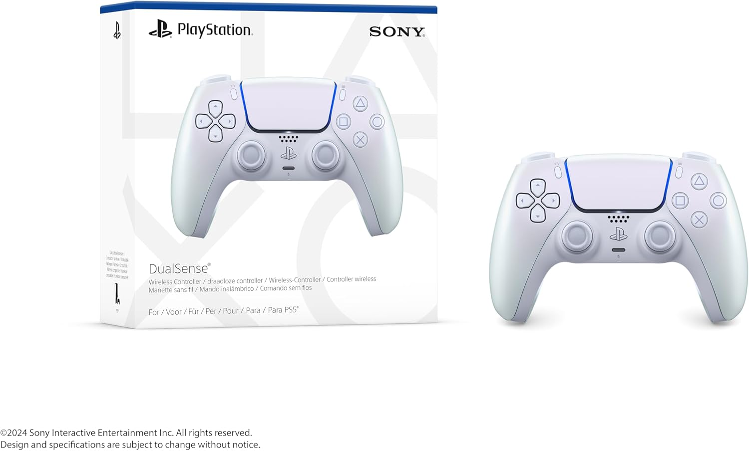 Mando DualSense blanco de PlayStation y caja.