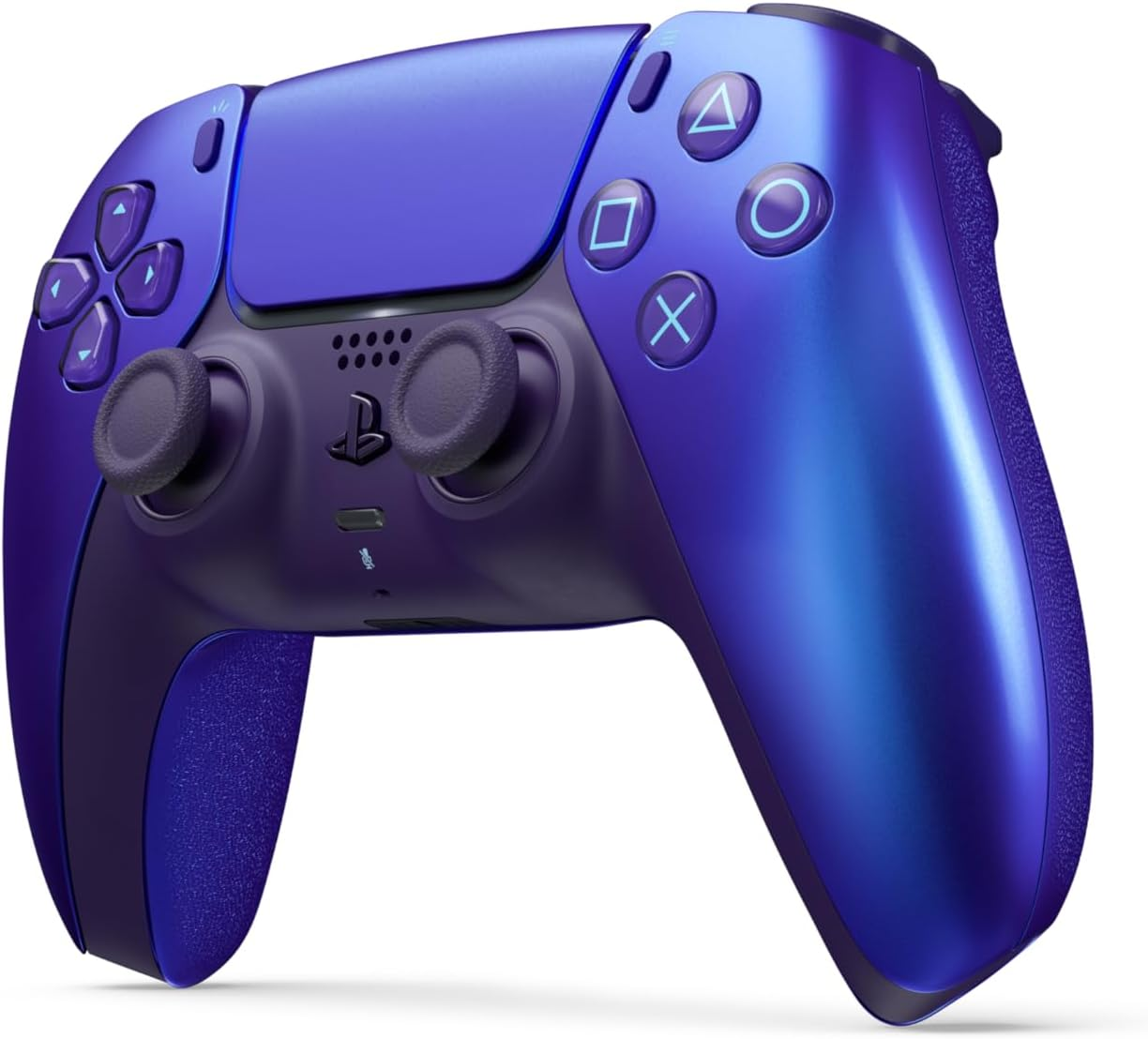 Controlador azul y morado de PlayStation 5 sobre fondo blanco. Botones visibles.