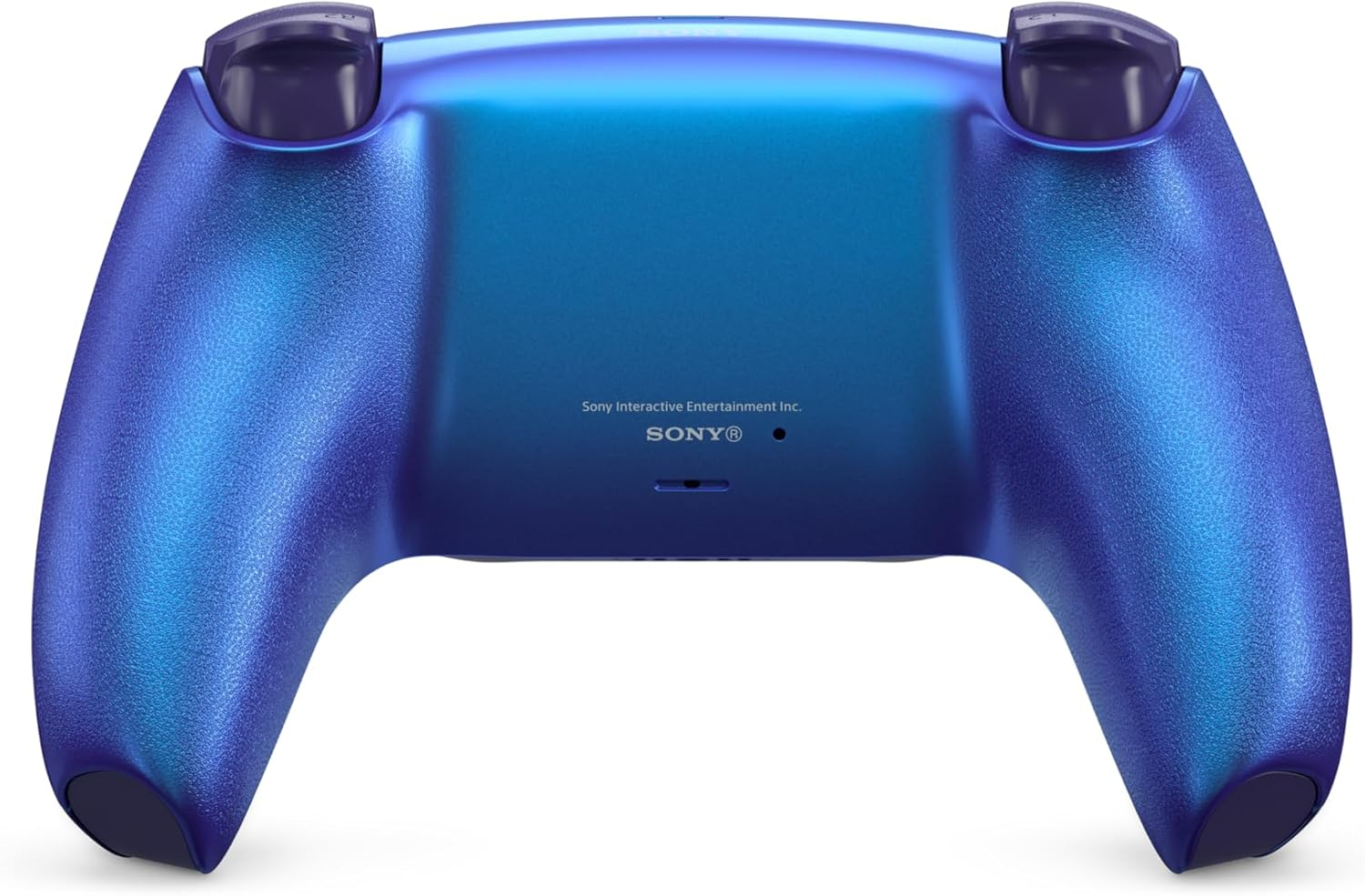Mando PS5 azul-morado, vista trasera, con logo Sony.