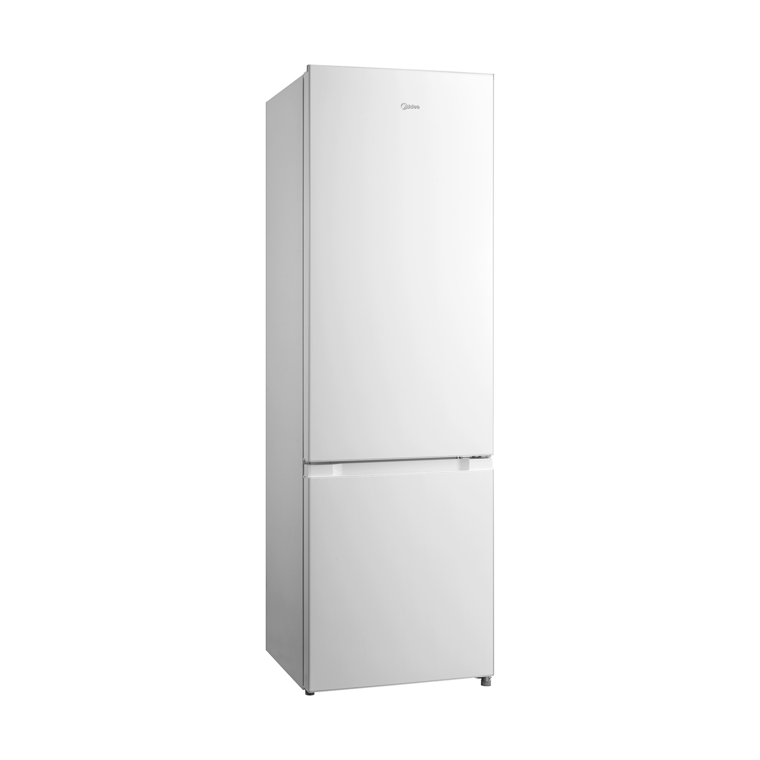 Frigorifero bianco con congelatore in basso. Design semplice e moderno.