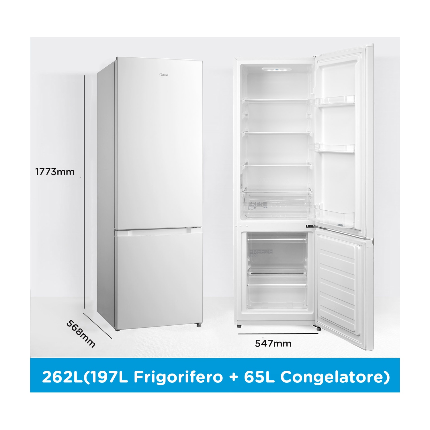 Frigorifero Midea bianco, porte aperte.