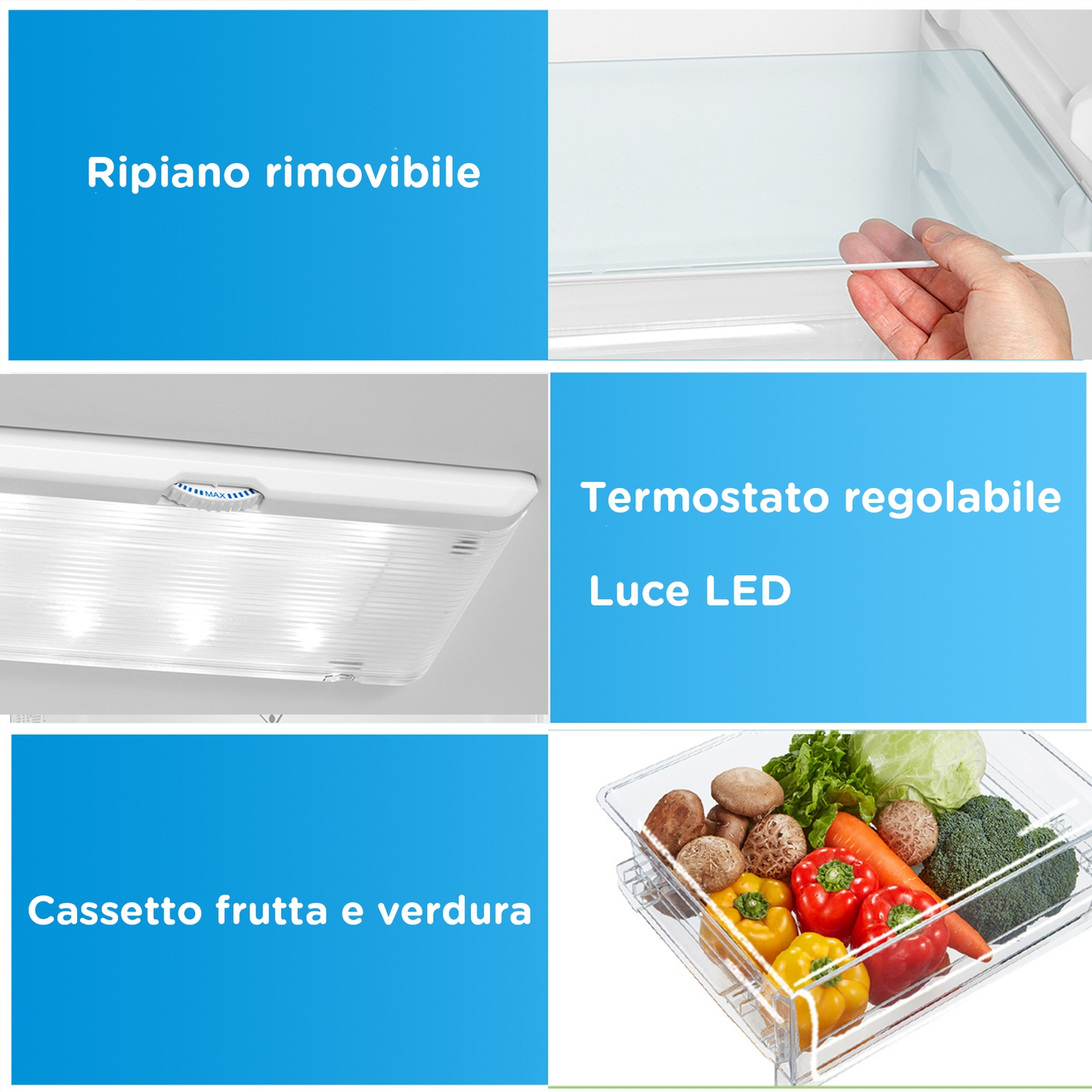 Un collage che mostra le caratteristiche del frigorifero: ripiano rimovibile, luce LED, ecc.