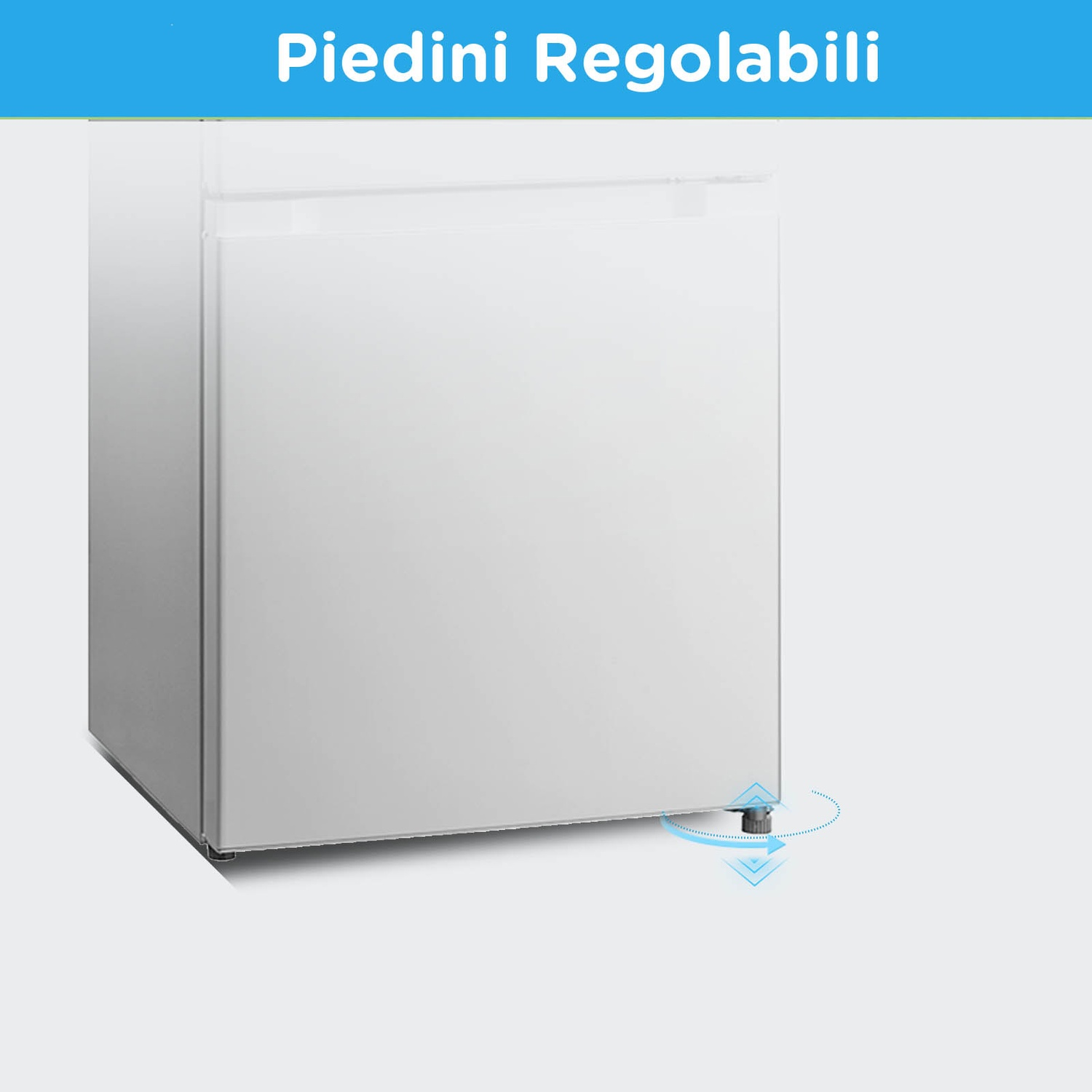 Frigorifero bianco con piedini regolabili, primo piano.