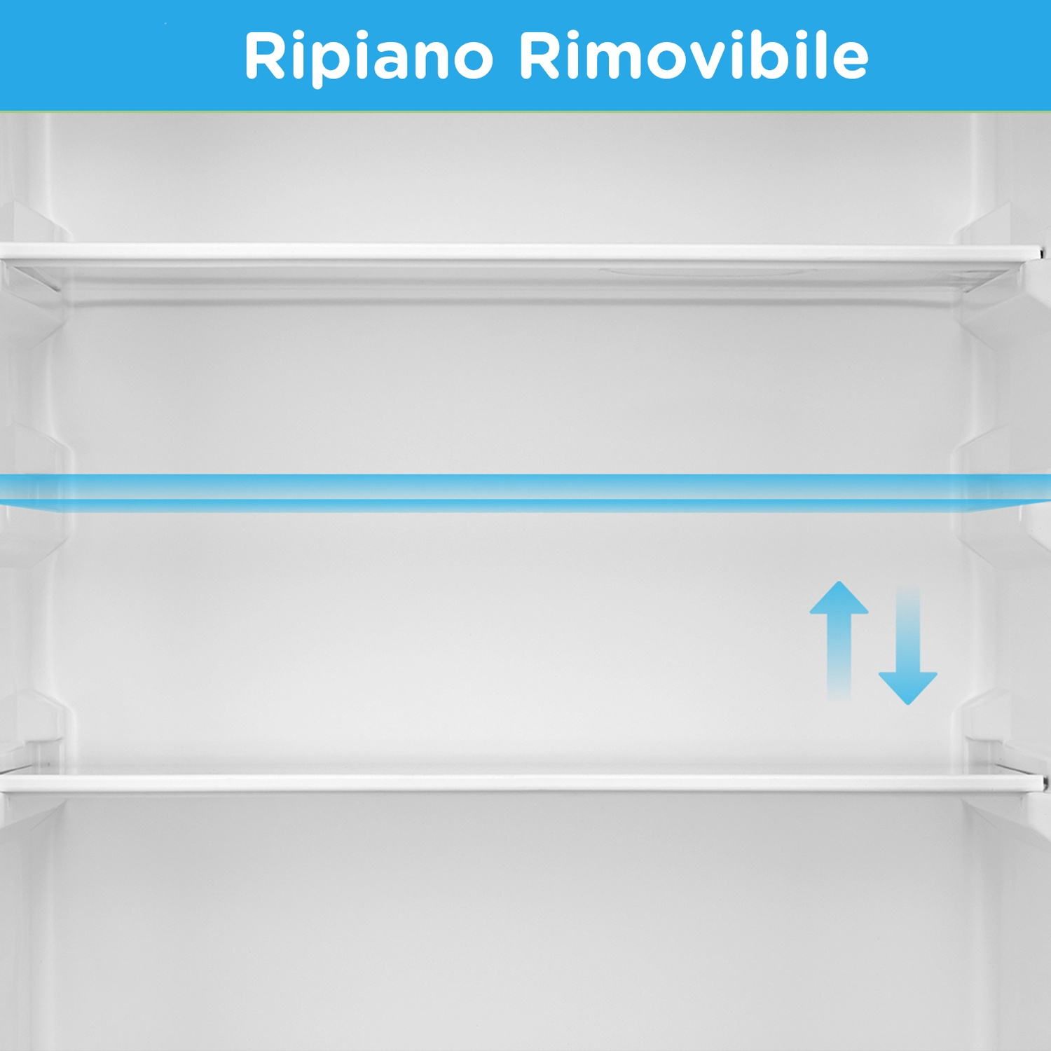 Interno di un frigorifero bianco. Mostra ripiani e le parole 'Ripiano Rimovibile'.