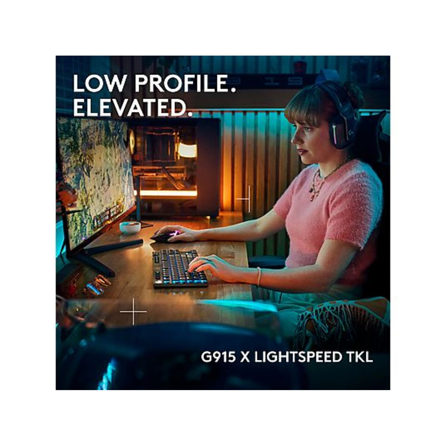 Woman using keyboard and mouse, wearing headset. G915 X LIGHTSPEED TKL keyboard is visible.