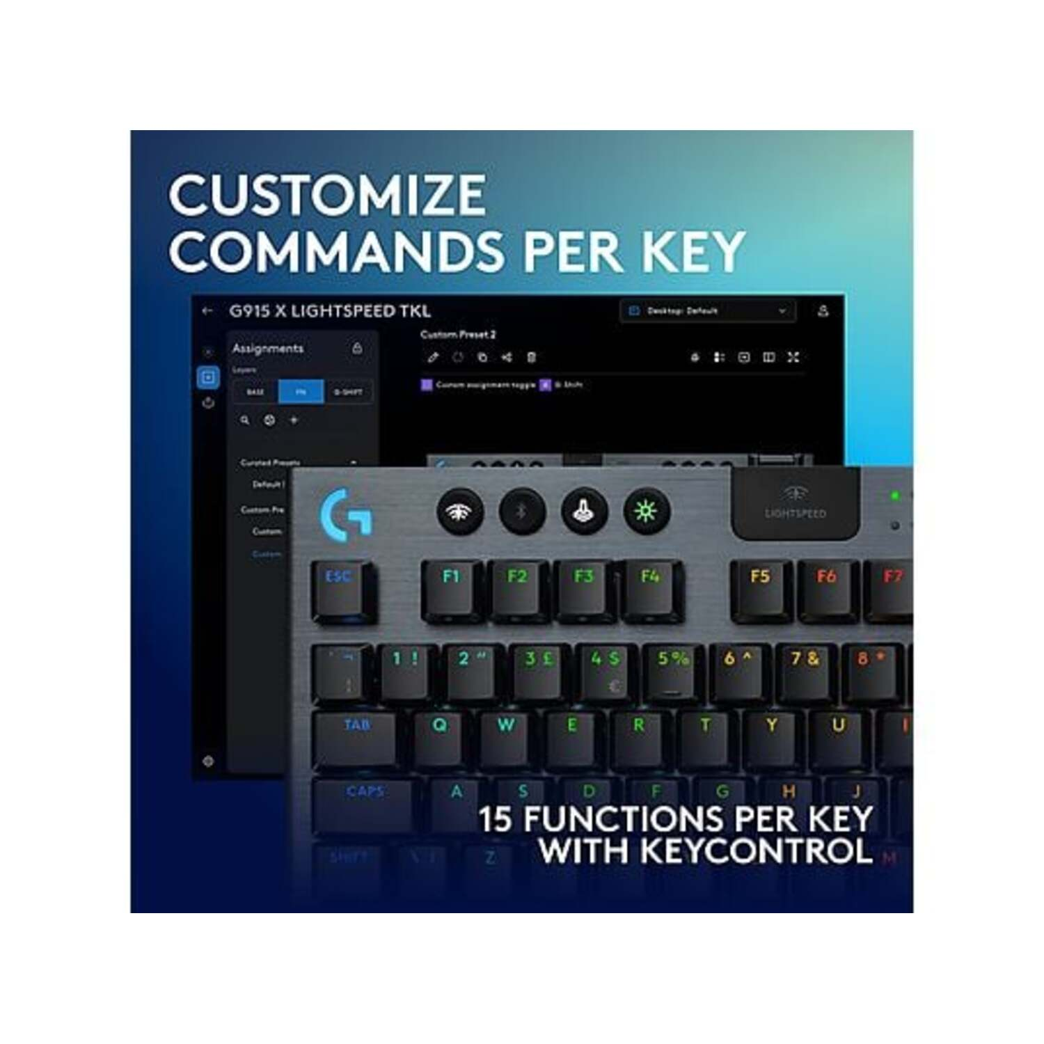 A keyboard with a screen behind, showing customization options.