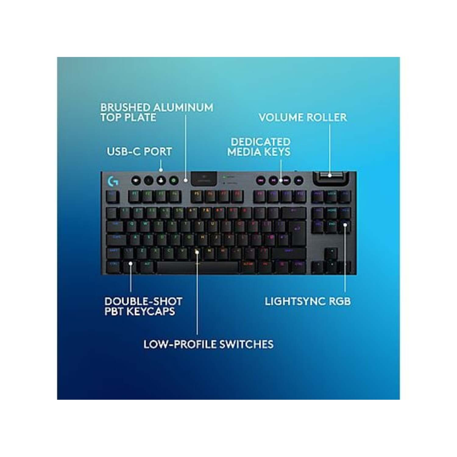 Gaming keyboard with labeled features: brushed aluminum top, USB-C port, media keys, and lightsync RGB.