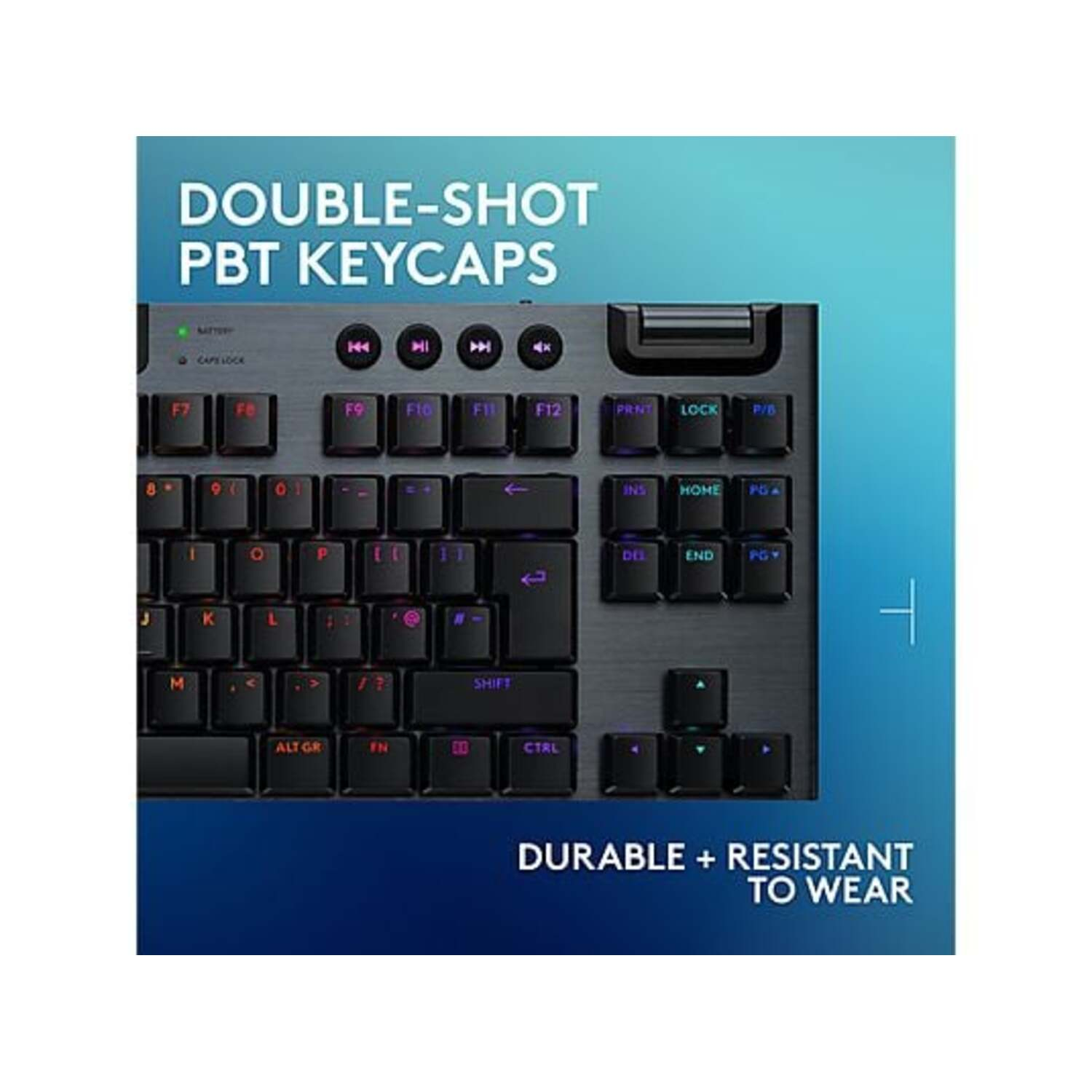 Keyboard with double-shot PBT keycaps. Durable and resistant.