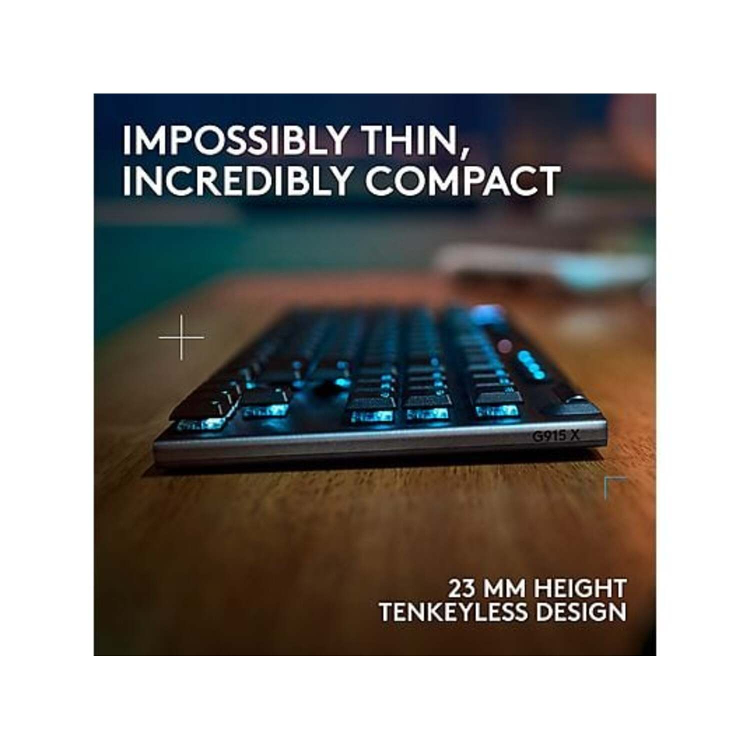 A black keyboard with white keys, and the text "IMPOSSIBLY THIN, INCREDIBLY COMPACT".