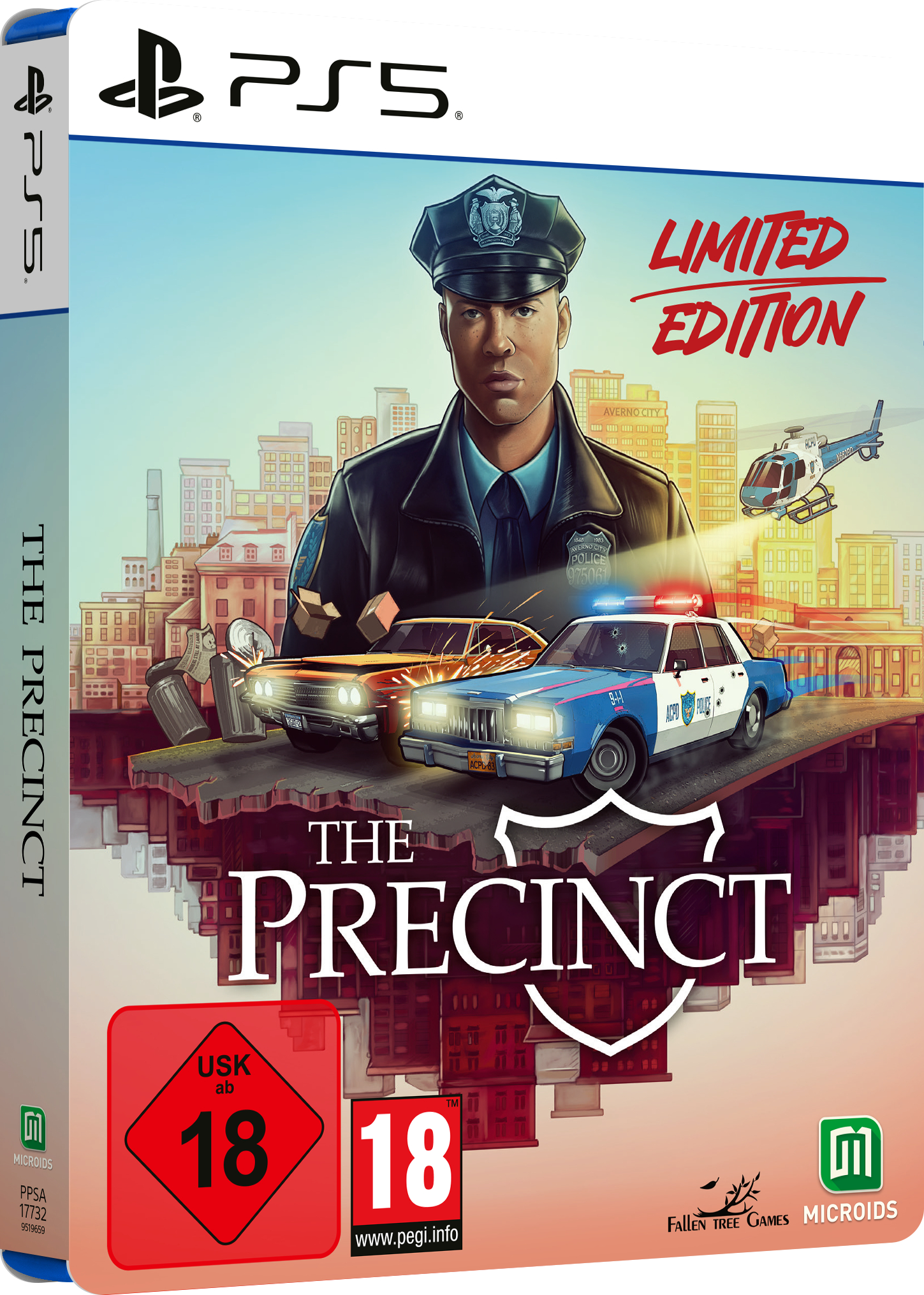 Spielbox-Art für "The Precinct", ein Polizeispiel.