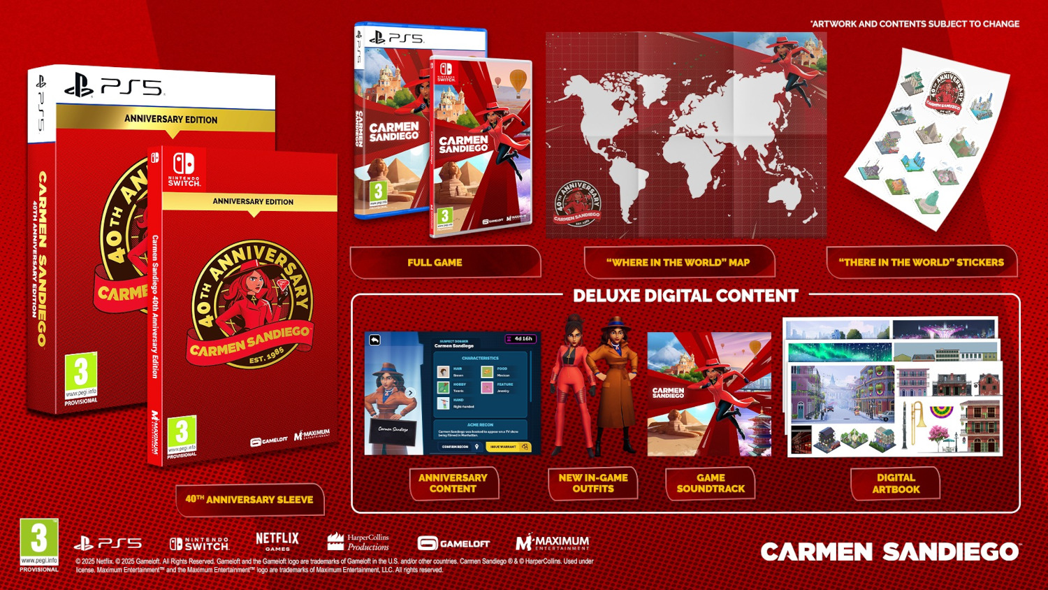 Gameboxset met spelcartridges, kaart, stickers en digitale inhoud op een wit oppervlak.