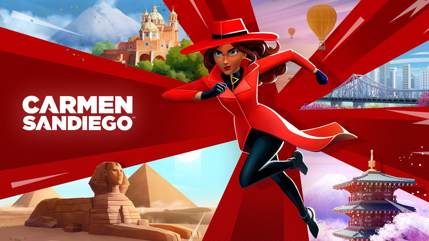 Carmen Sandiego rent, met stadsachtergronden en cartoonstijl.