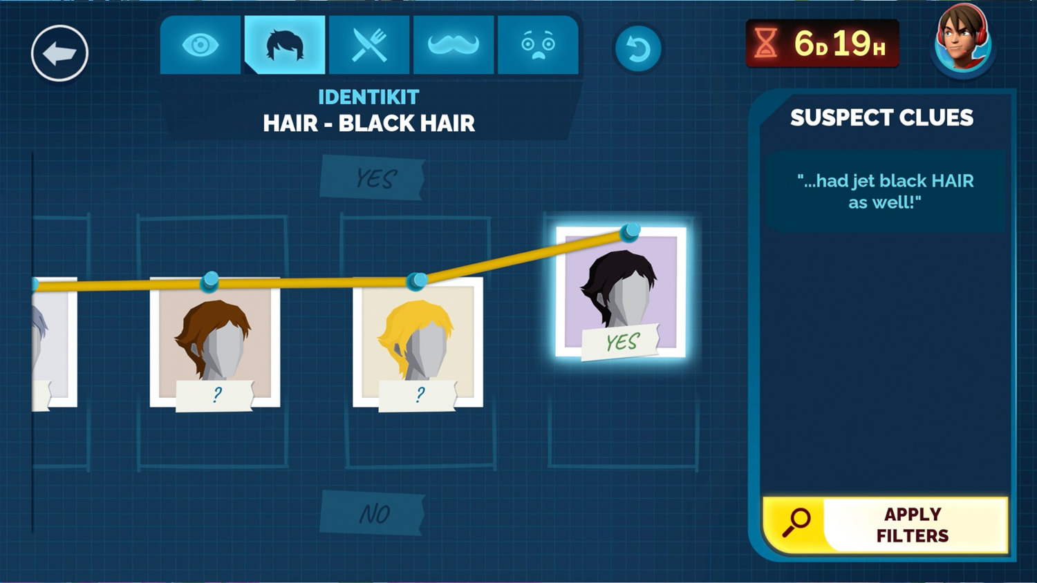 Game-interface met aanwijzing: zwart haar. Keuzes zijn bruin en geel haar.