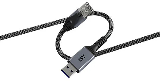 Czarny i szary kabel USB z plecionym wzorem, podłączony do złączy USB i micro USB.